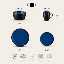 Load image into Gallery viewer, Elegant 32-Piece Blue &amp; Black Stoneware Dish Set - Microwave and Dishwasher Safe
