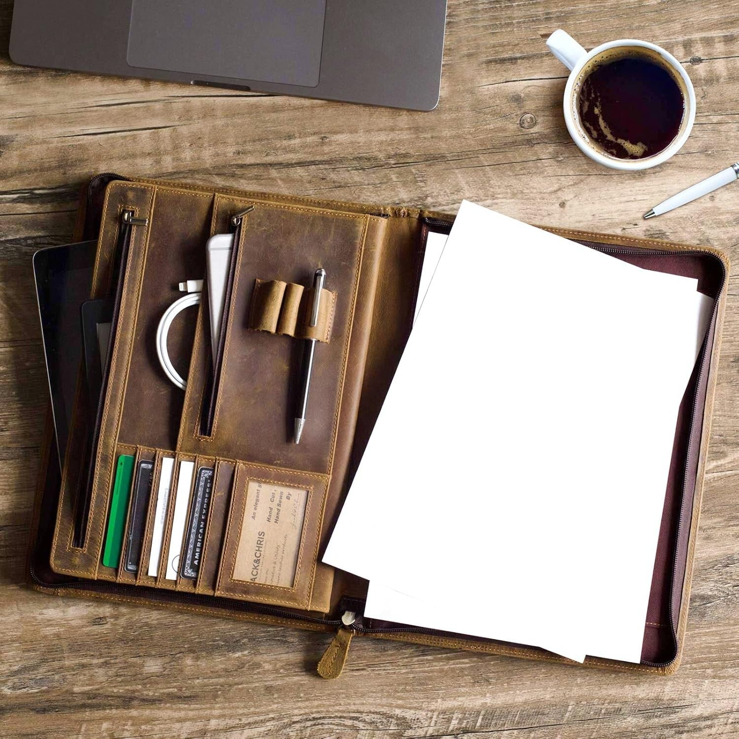 Luxury Full Grain Leather Zippered Portfolio Padfolio for Business Professionals