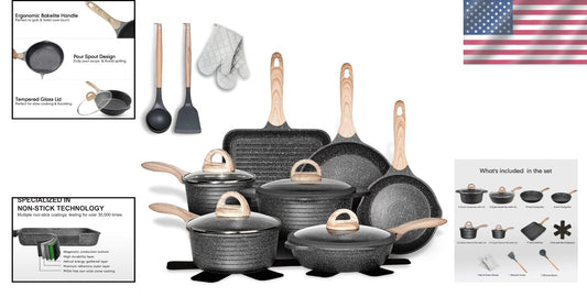 Complete Nonstick Cooking Set - 20 Pcs of Induction and Gas Compatible Cookware