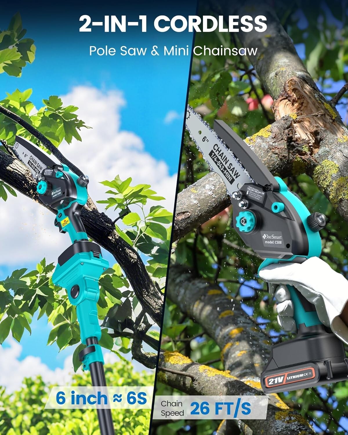 Lightweight 2-in-1 Cordless Chainsaw with Extendable Pole - Ideal for Trimming