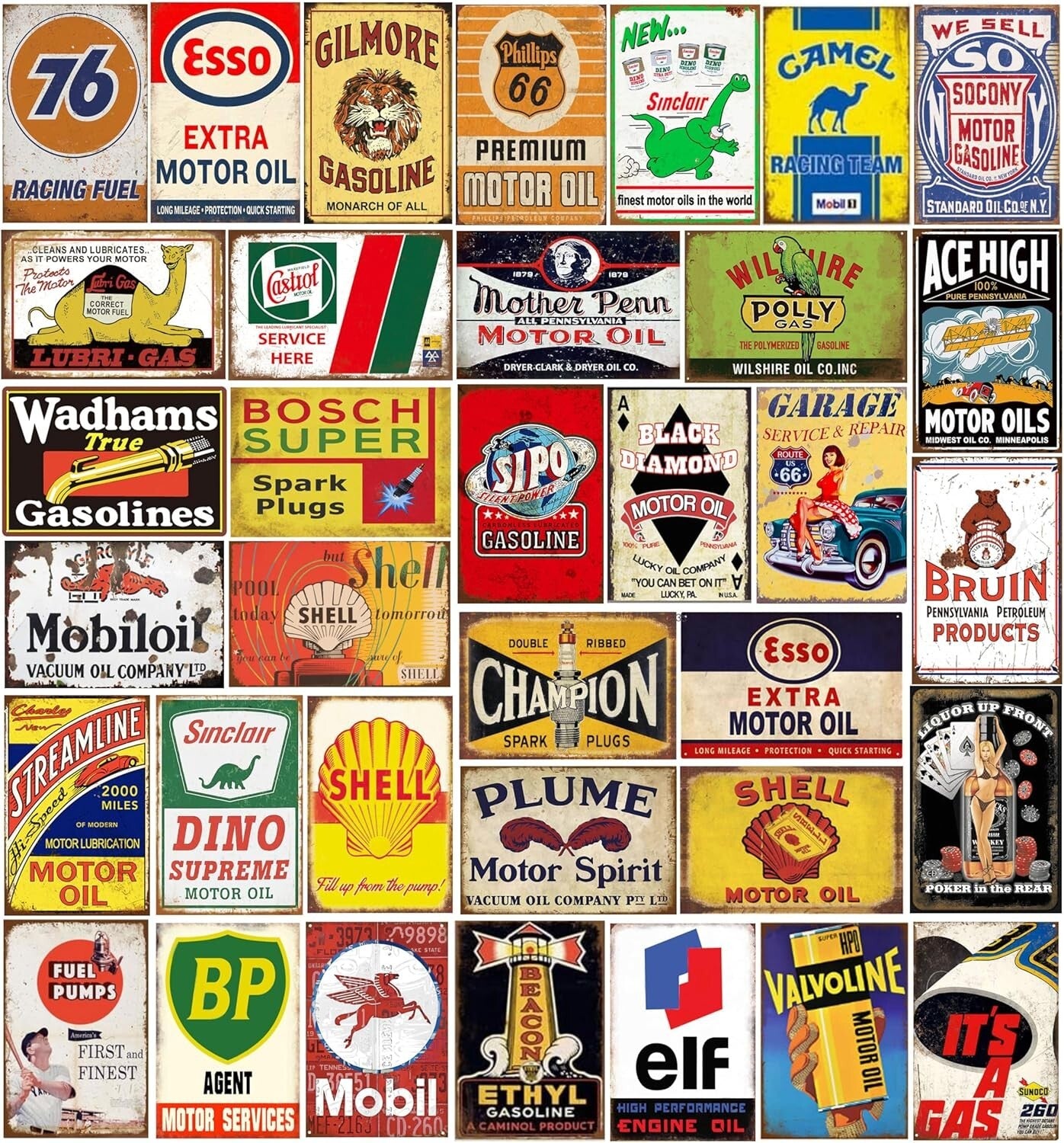 Retro Garage Wall Art Set – 35 Pieces of Antique Metal Signs for Unique Decor