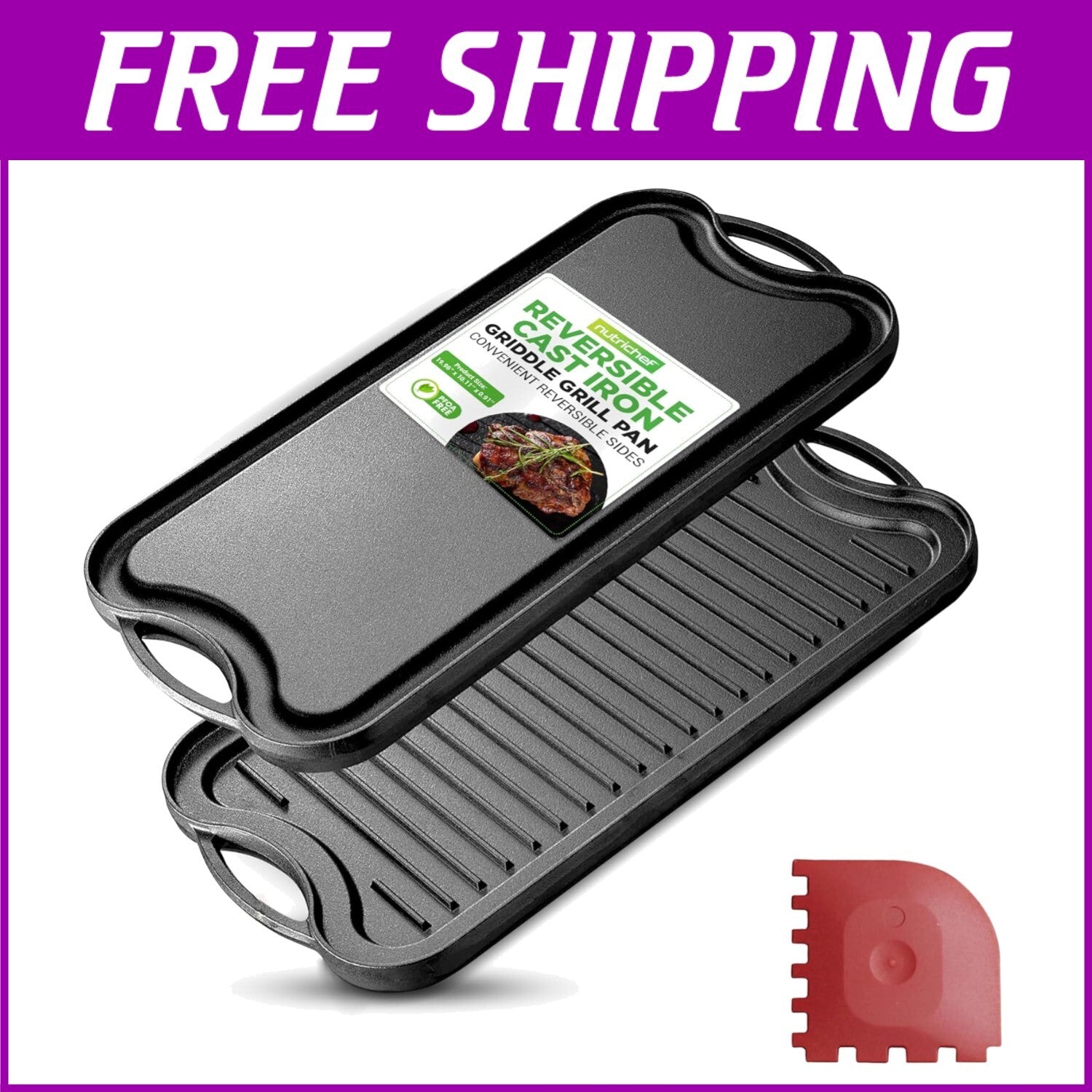 Versatile Reversible Cast Iron Griddle - Nonstick, Oven Safe, 19.96" x 10.11"