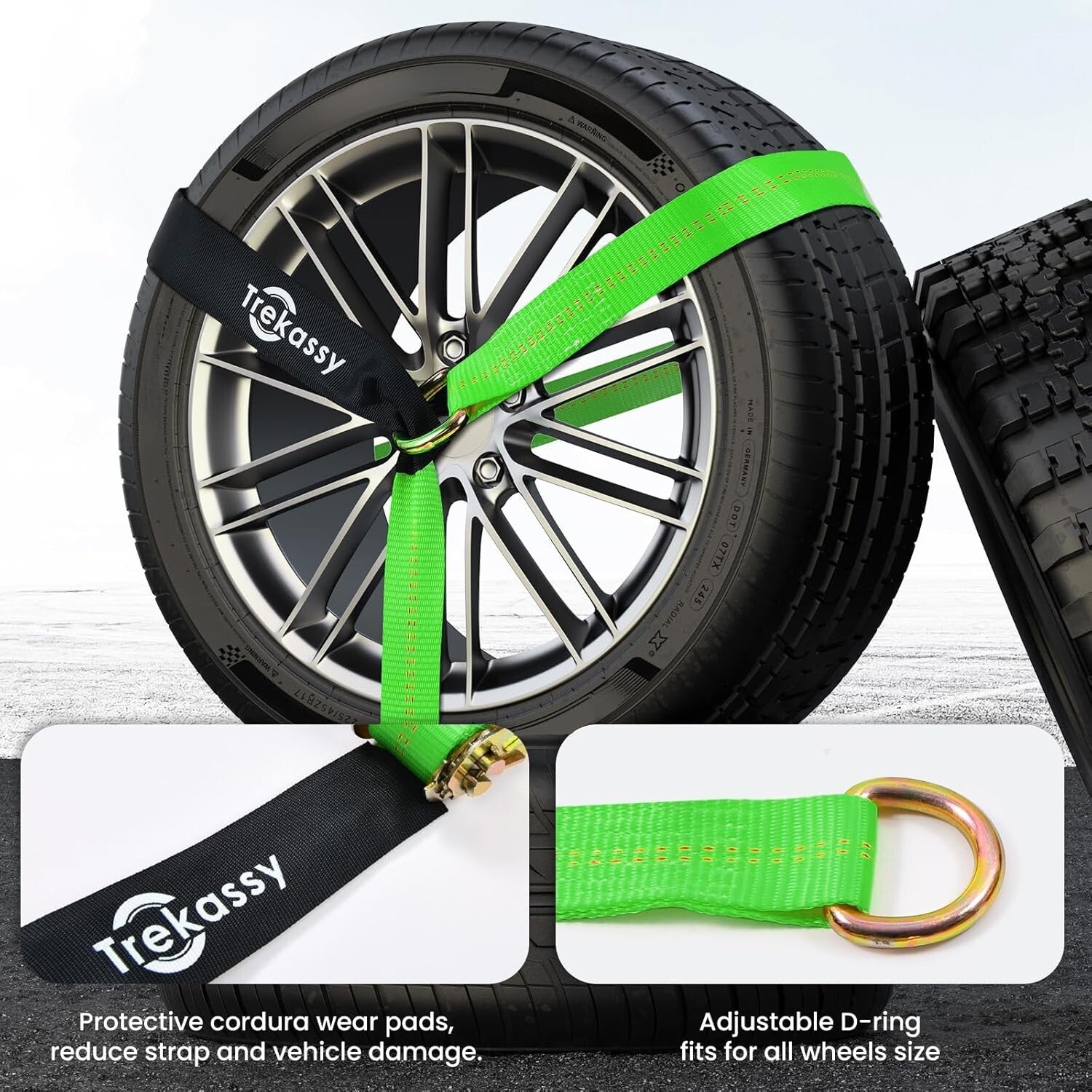 All-in-One Car Tie Down Strap Kit - 10K Break Strength, 4 Ratchet & Axle Straps