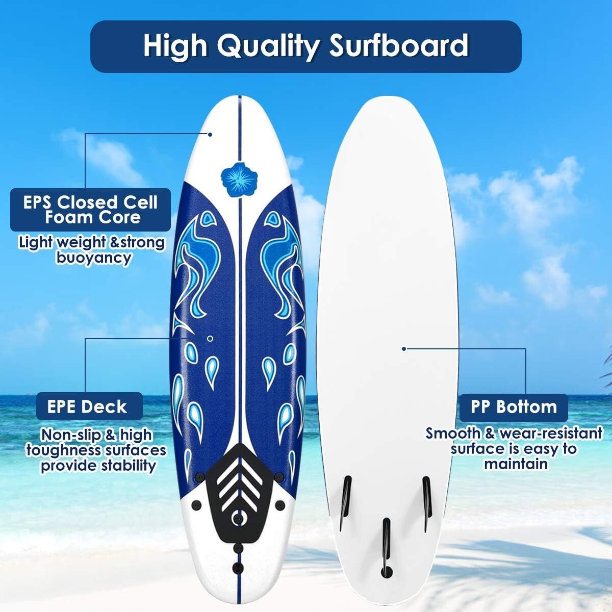 6 Ft Lightweight Surfboard with 3 Detachable Fins for Safe Water Adventures
