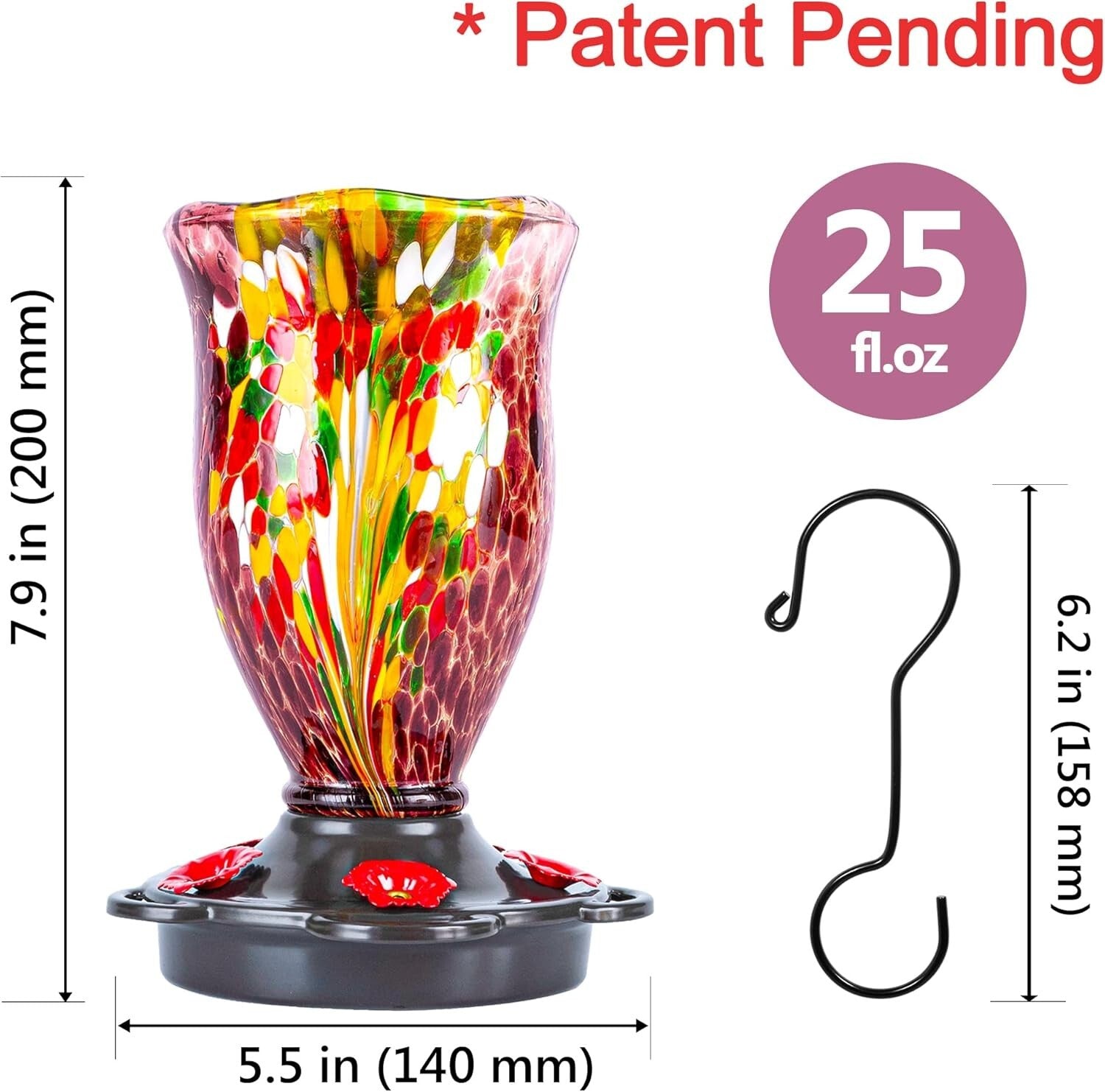 Artisan Glass Hummingbird Feeder - 25oz Capacity and Multipurpose Elegant Design