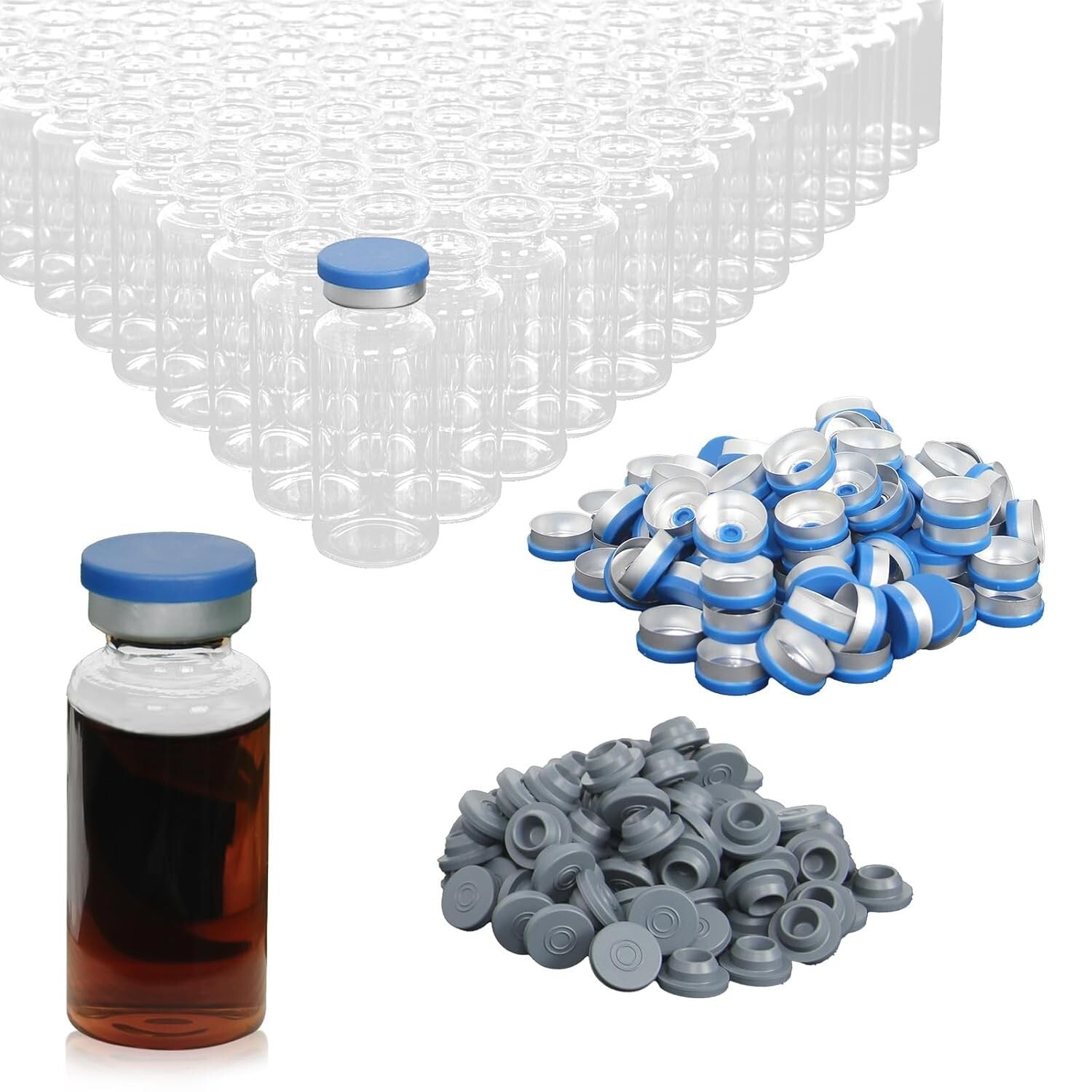 Borosilicate 20ml Clear Glass Headspace Vials with Rubber Stoppers - 100 Sets