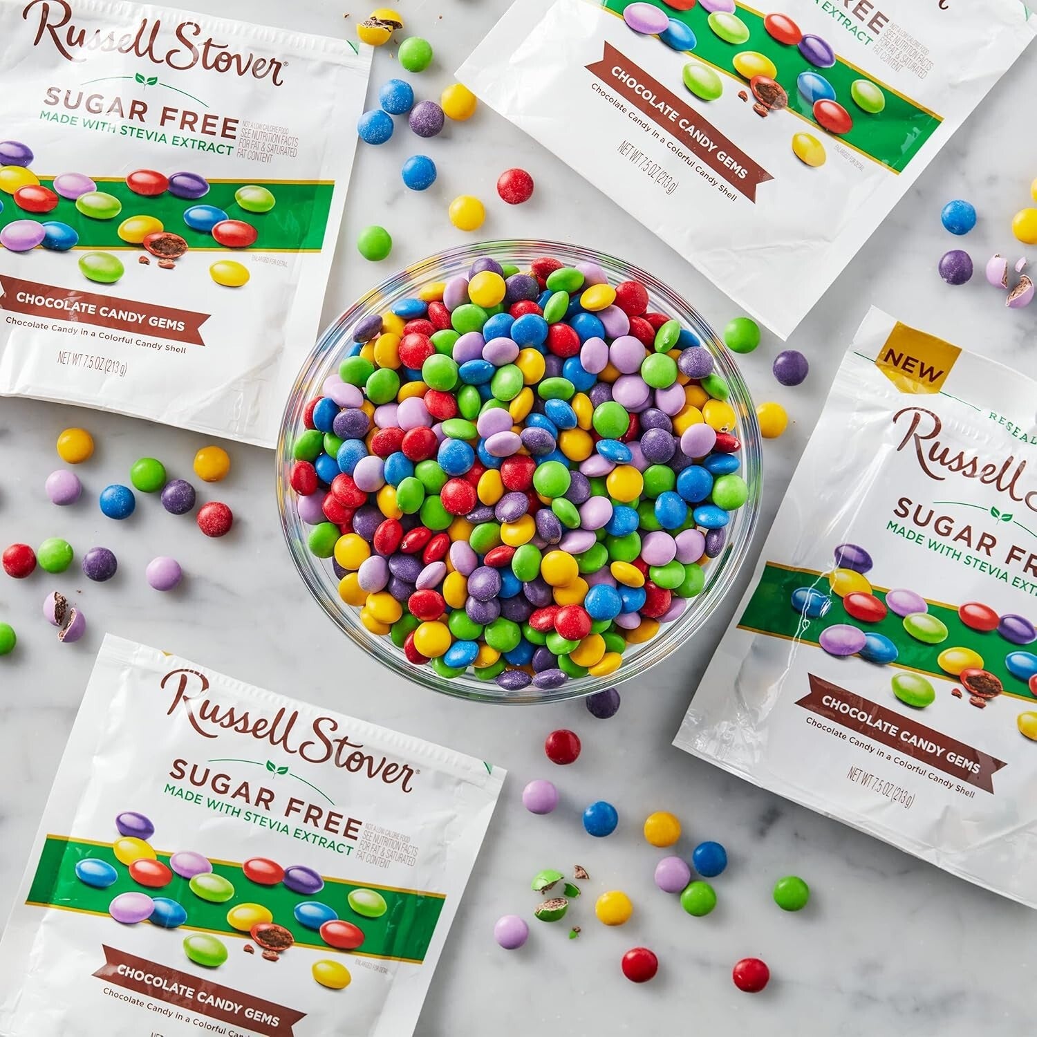 Delicious Sugar Free Chocolate Candy Gems - Resealable 7.5 oz Bags, Set of 5