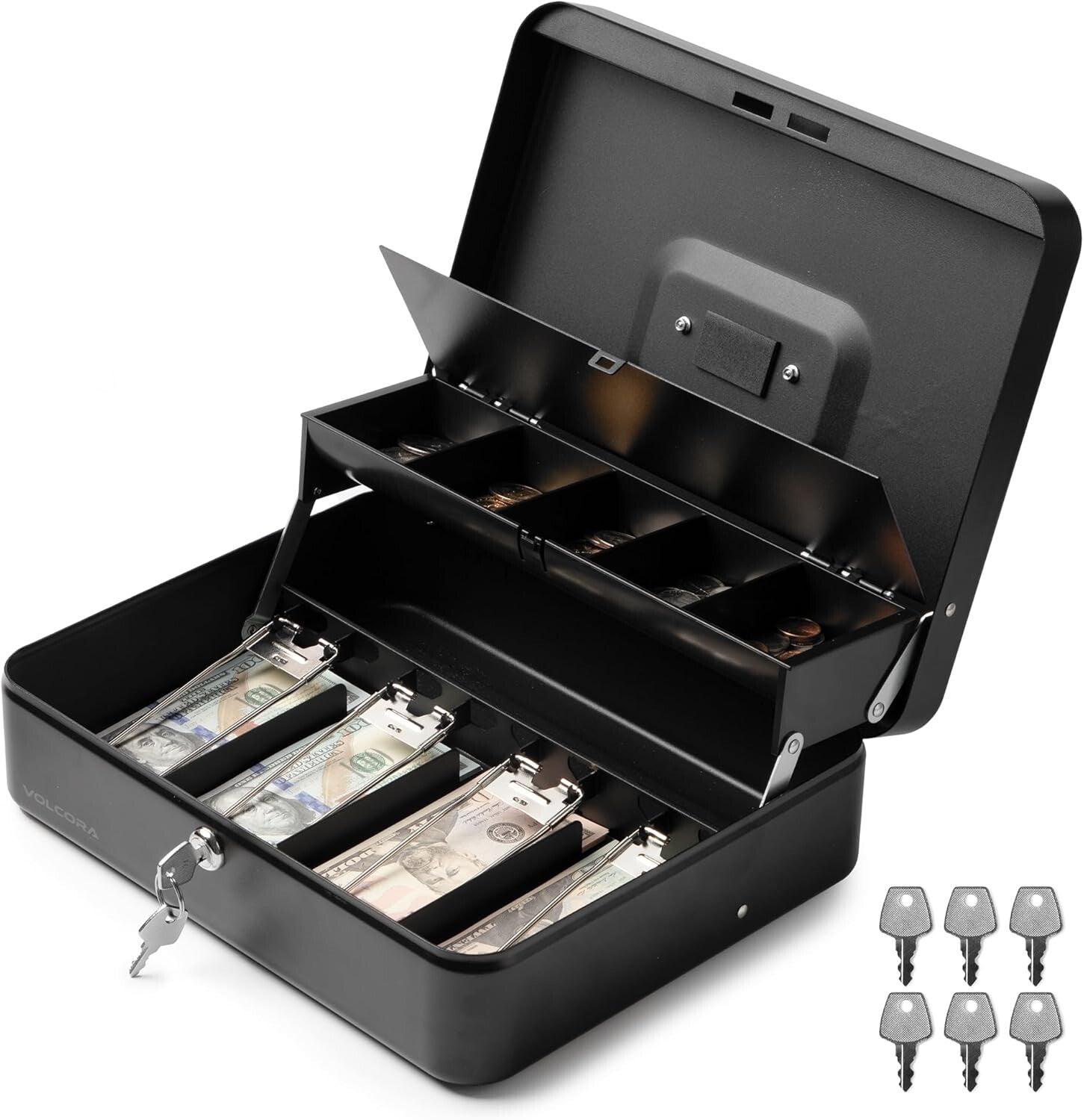 Large Metal Cash Safe with Key Lock and Tray for Yard Sales & Small Business