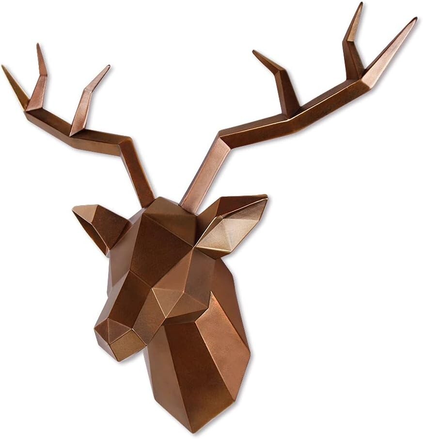 Handcrafted Geometric Deer Head Wall Decor in Antique Copper Finish - 19"
