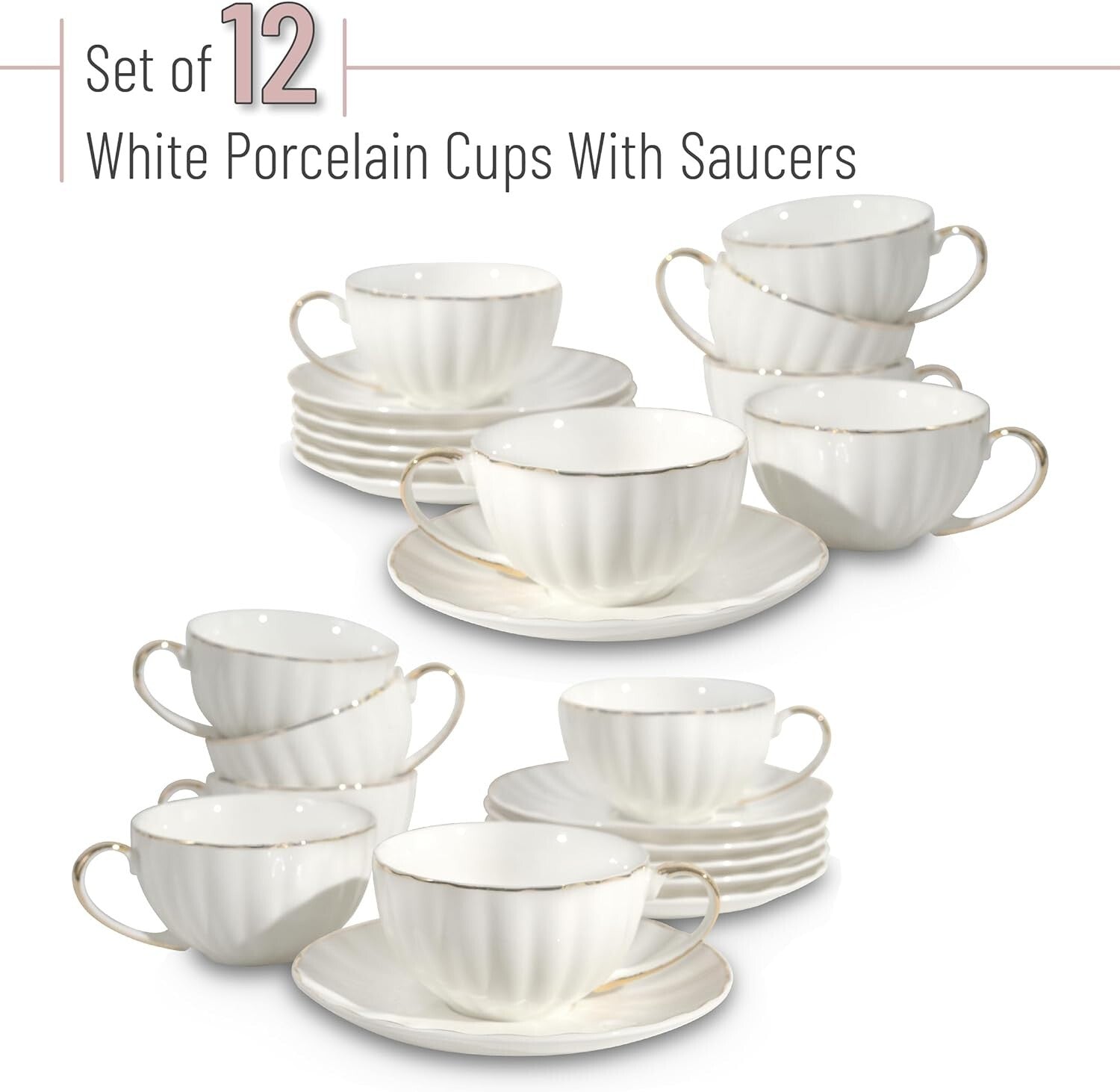 Premium 12-Cup Porcelain Tea Cup Set with Gold Accent - Perfect for Tea Lovers