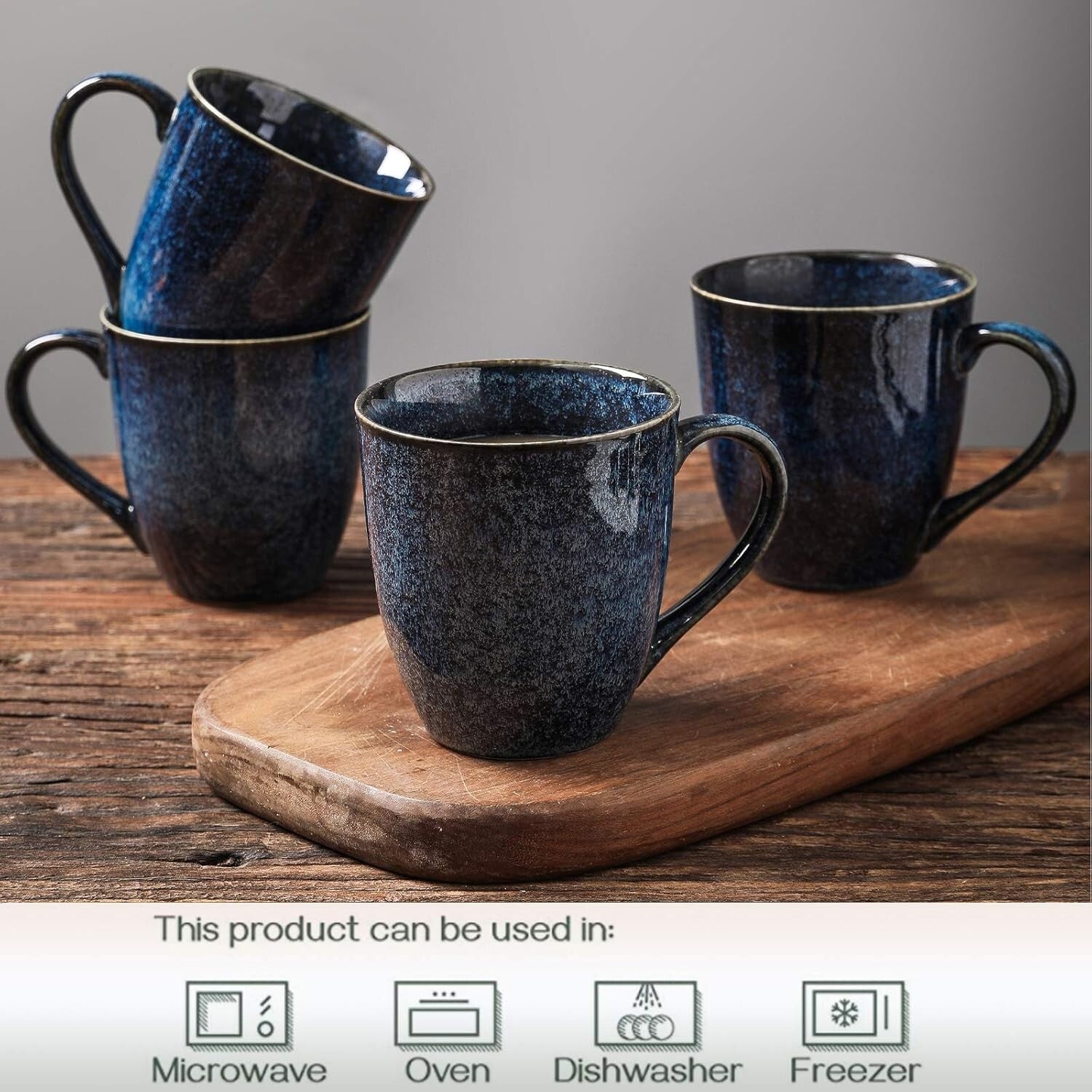 Durable 6-Piece Blue Ceramic Mug Set - 12 Ounce for Coffee, Tea, Milk