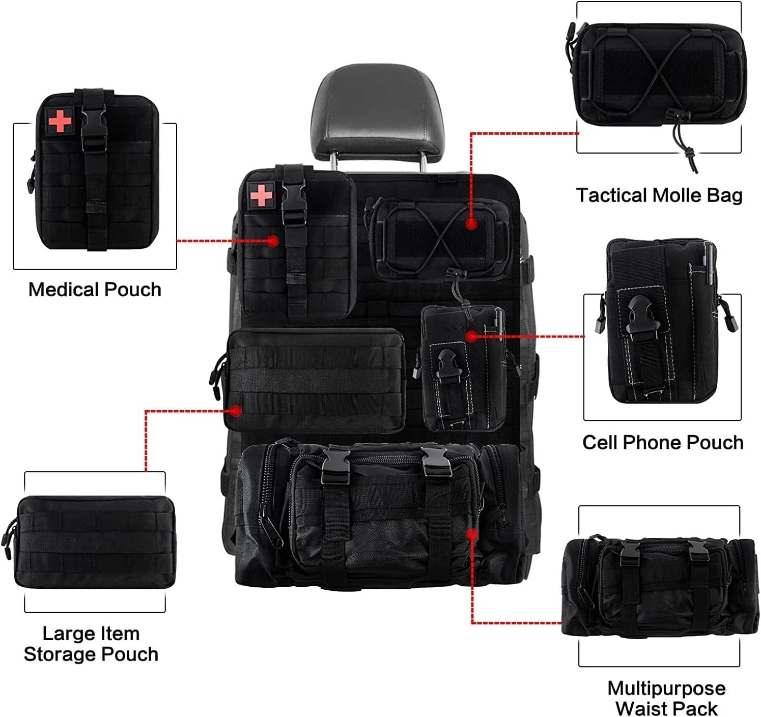 Adjustable Tactical Car Storage Organizer with 5 Molle Bags - Easy Install