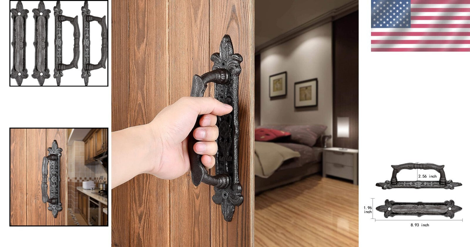 4 Packs Heavy Duty Rustic Barn Door Handles - 8.9" Dark Brown Cast Iron