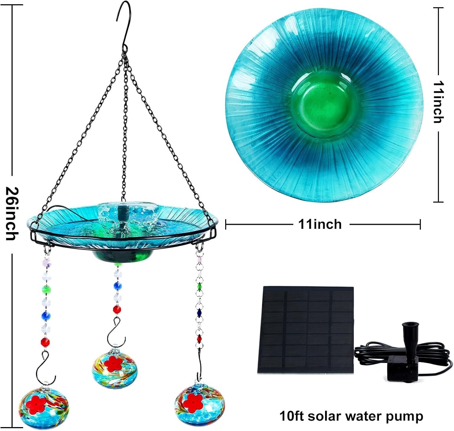 Luxury Hanging Bird Feeder and Bath for Hummingbirds - Solar Fountain Included