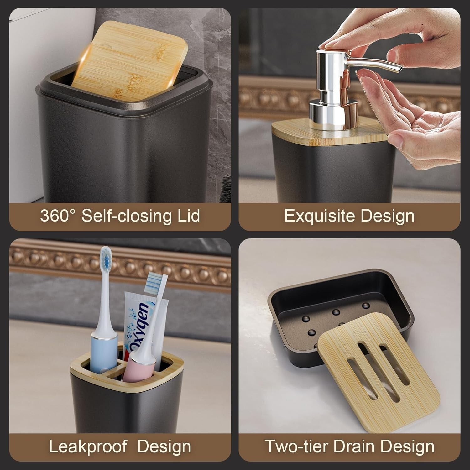 24-Piece Luxury Bathroom Set with Waterproof Shower Curtain & Rugs - Black/White