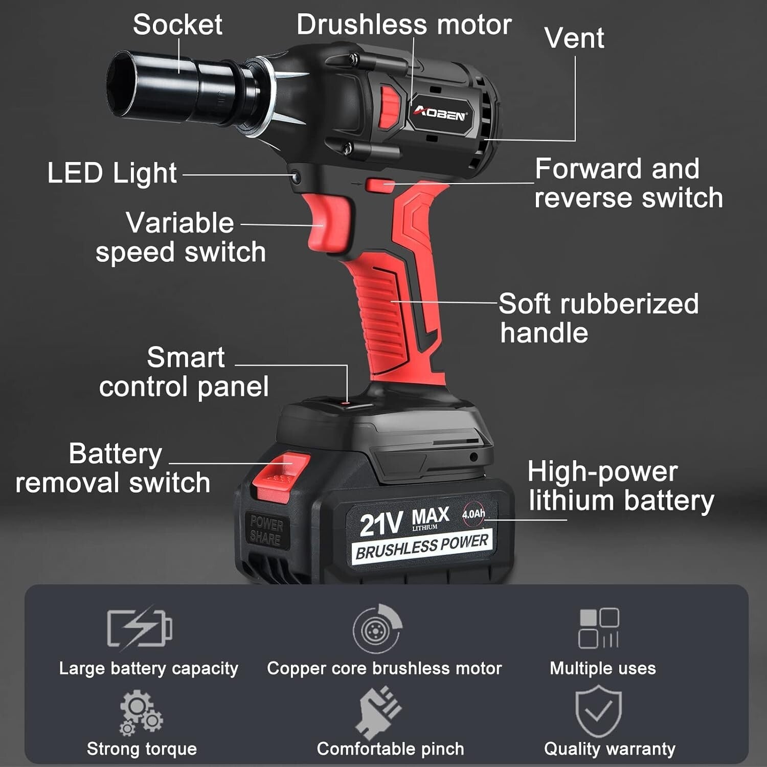 Ergonomic Cordless Impact Wrench - 400N.m Torque with 6 Sockets & Tool Bag