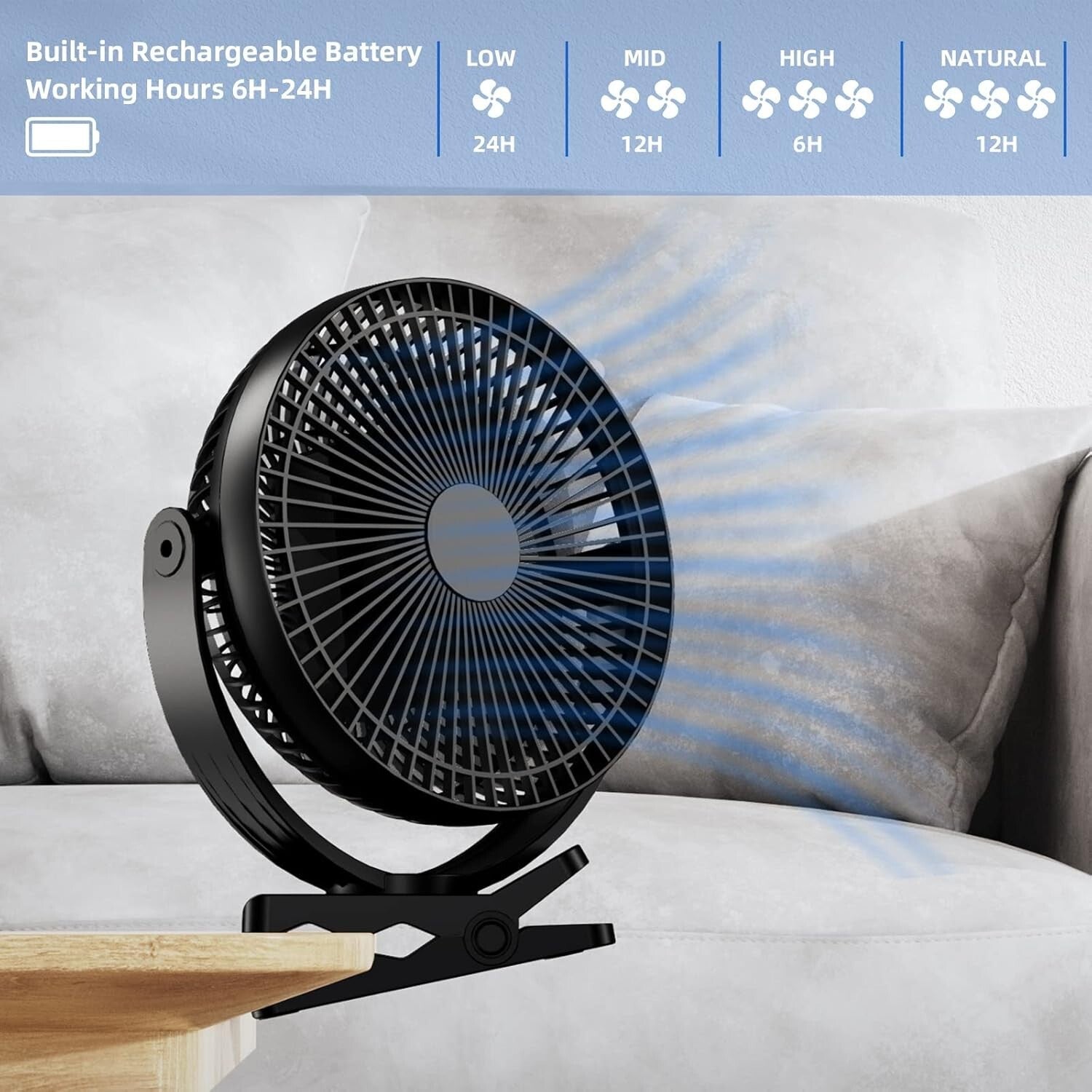 8-Inch Rechargeable Clip-On Fan with 4 Speed Settings for Desk & Travel