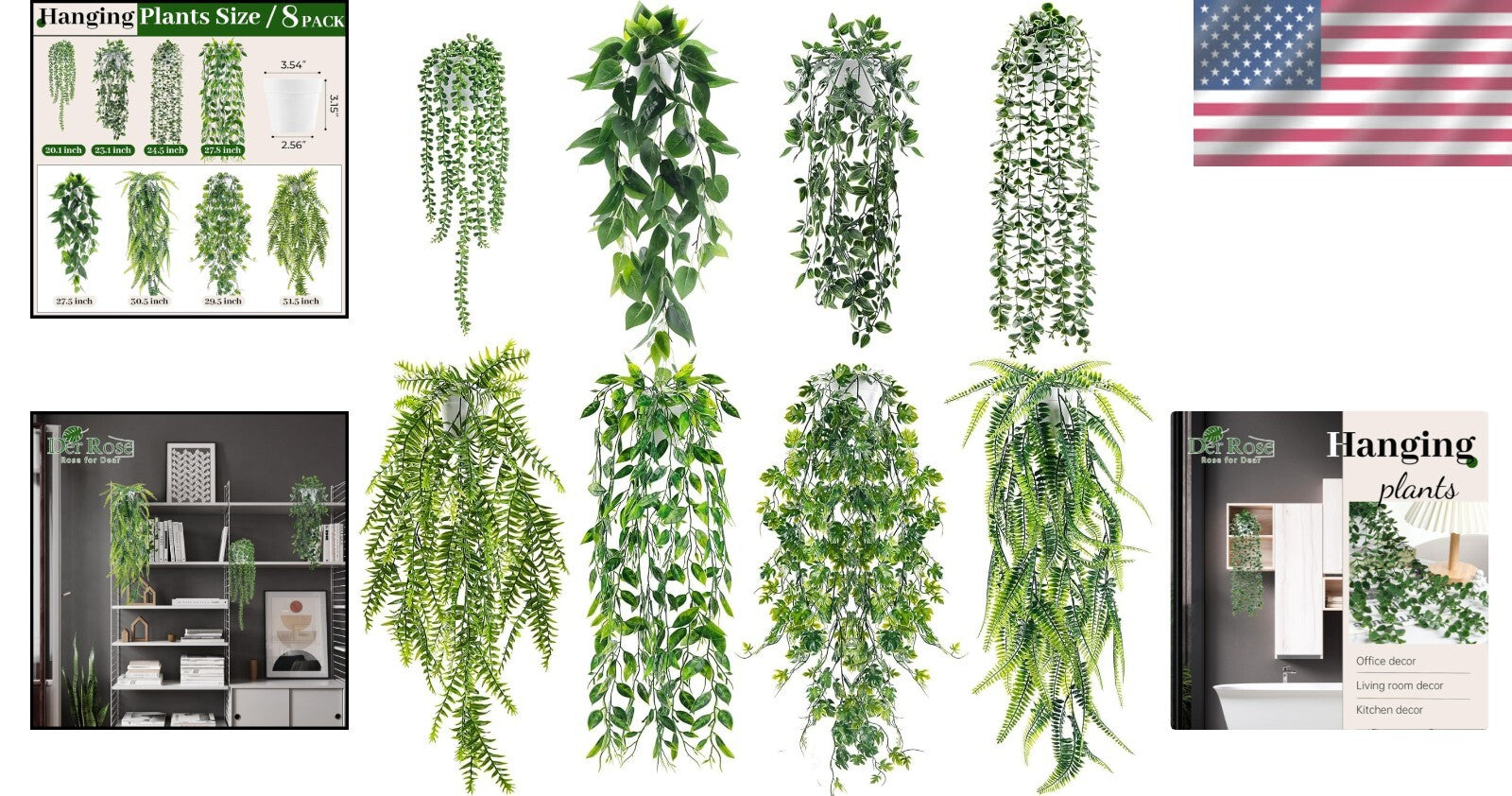 8Pc Artificial Hanging Plants with White Pots - Perfect for Modern Boho Spaces