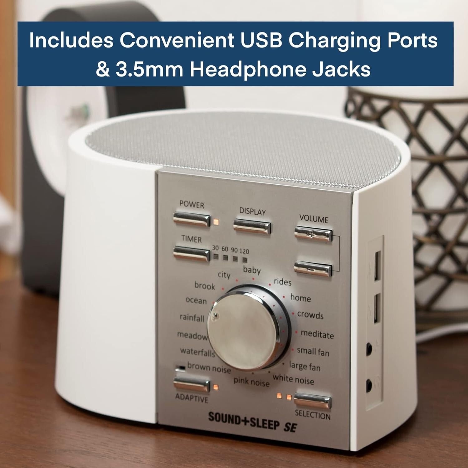 Compact Sound + Sleep Noise Machine - USB Ports & 3.5mm Jack - Silver/White