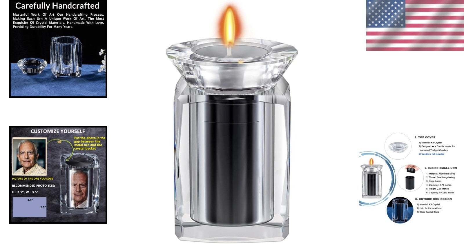 Miniature Crystal Candle Holder Urn - Personalized Ashes Keepsake for Adults