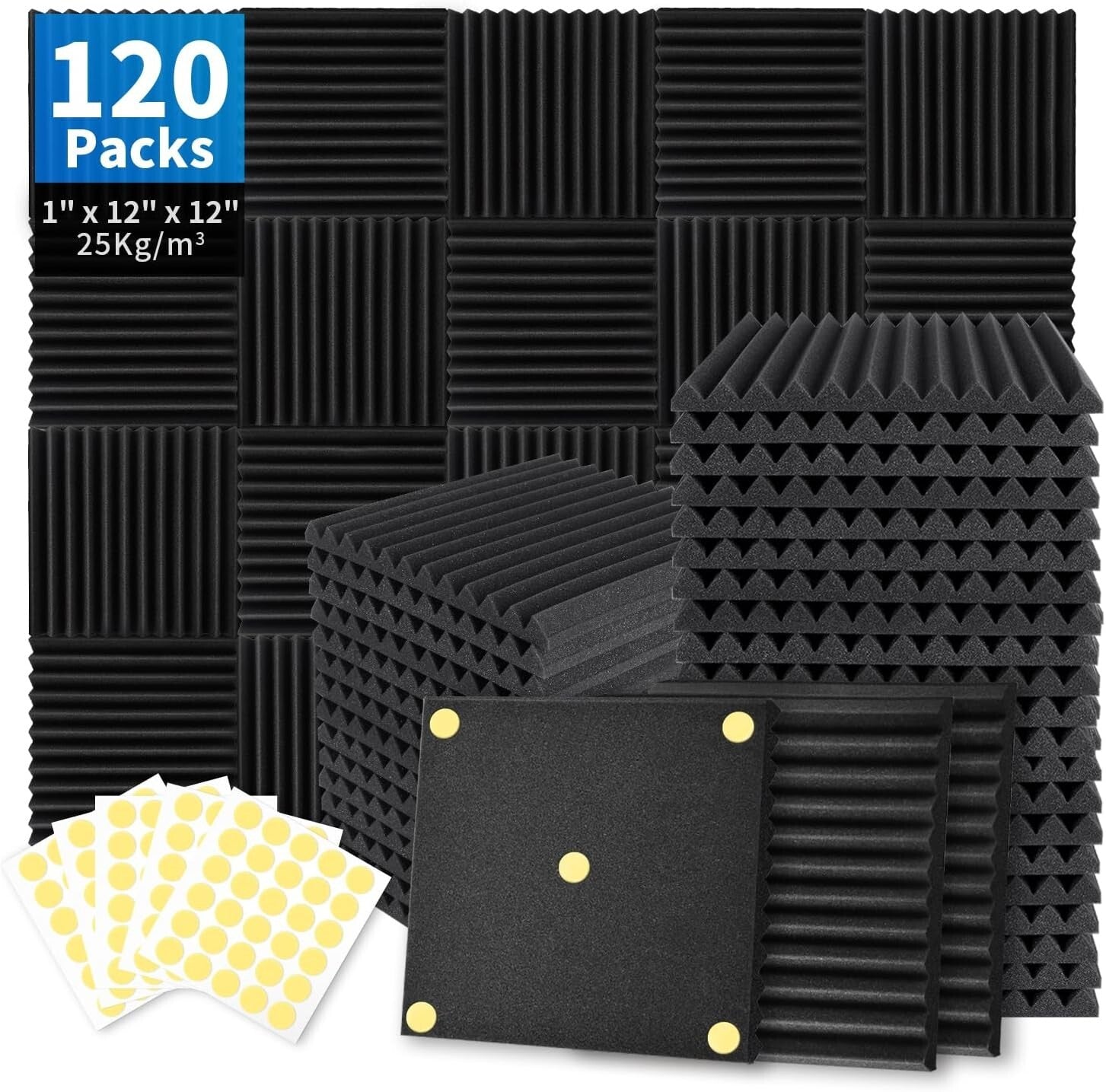 1" x 12" x 12" Acoustic Foam Panels 120 Pack - Double-Sided Adhesive Included