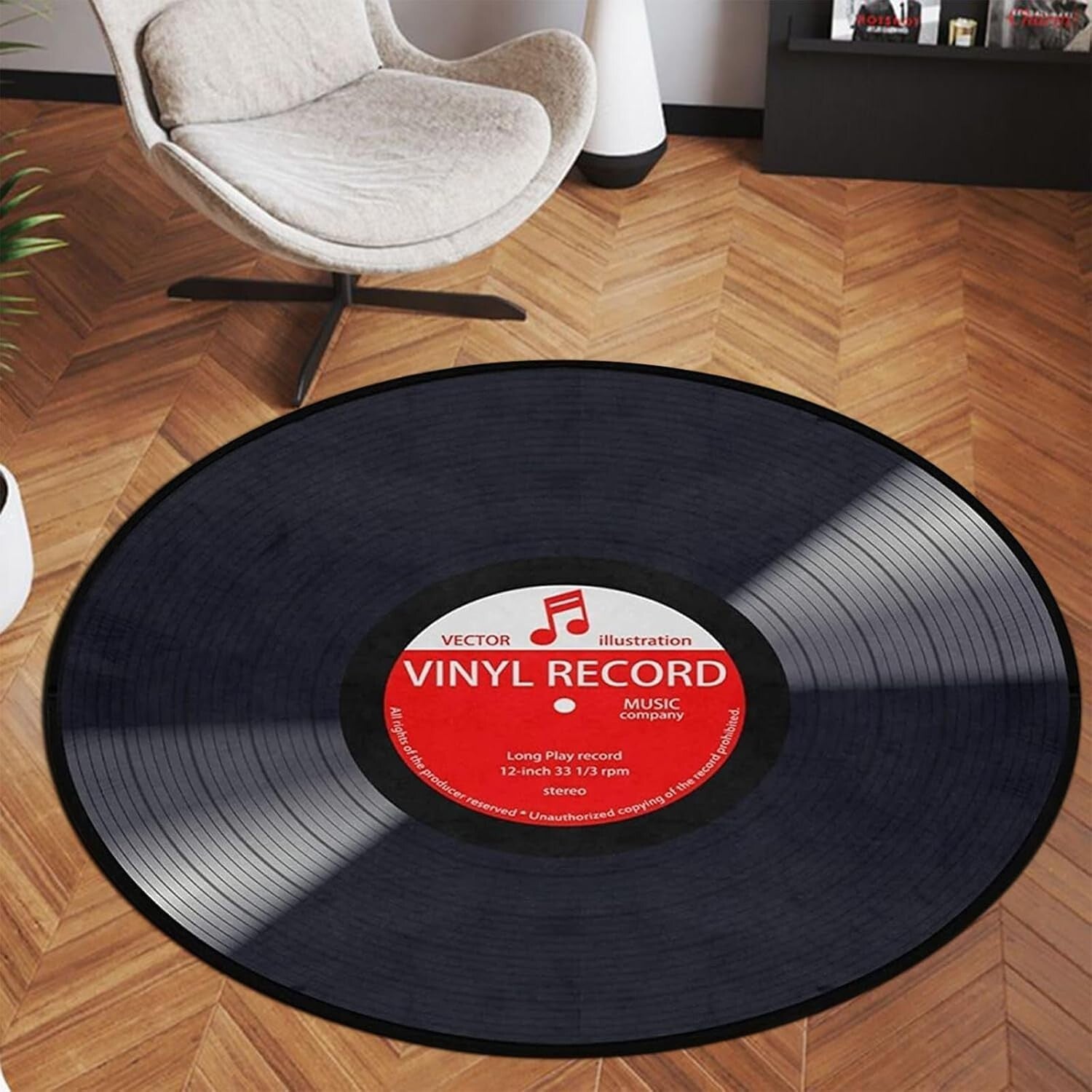 Stylish Solid Music Record Round Rug - 4' Memory Foam Carpet for Home Decor