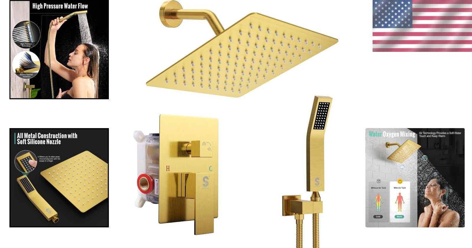 Premium Brushed Gold Shower Systems - All Metal Faucet with Rain & Handheld Head