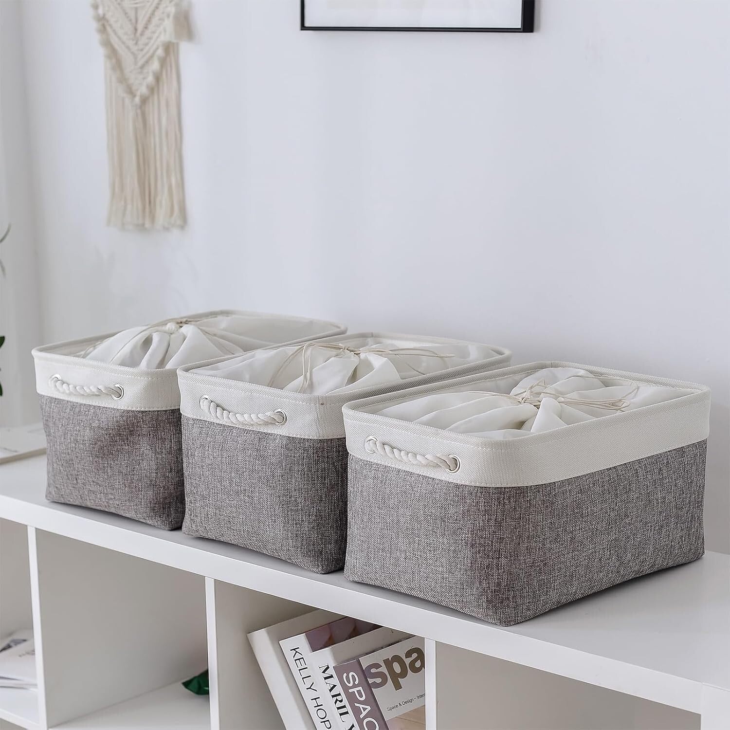 Durable White & Grey Fabric Storage Baskets - X-Large Size for Home Organization