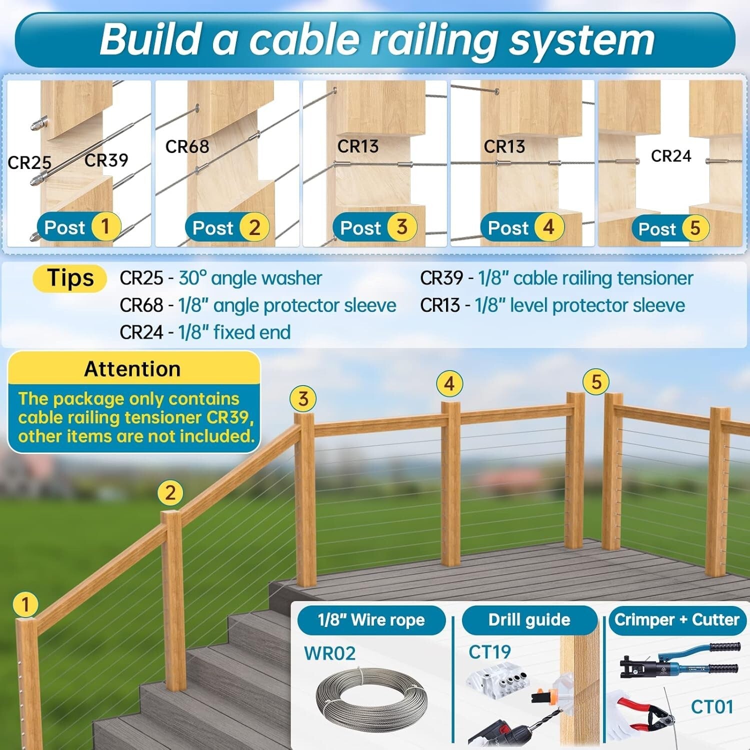 60 Pack T316 Stainless Steel Cable Railing Hardware - Hand Swage Tensioner Kit