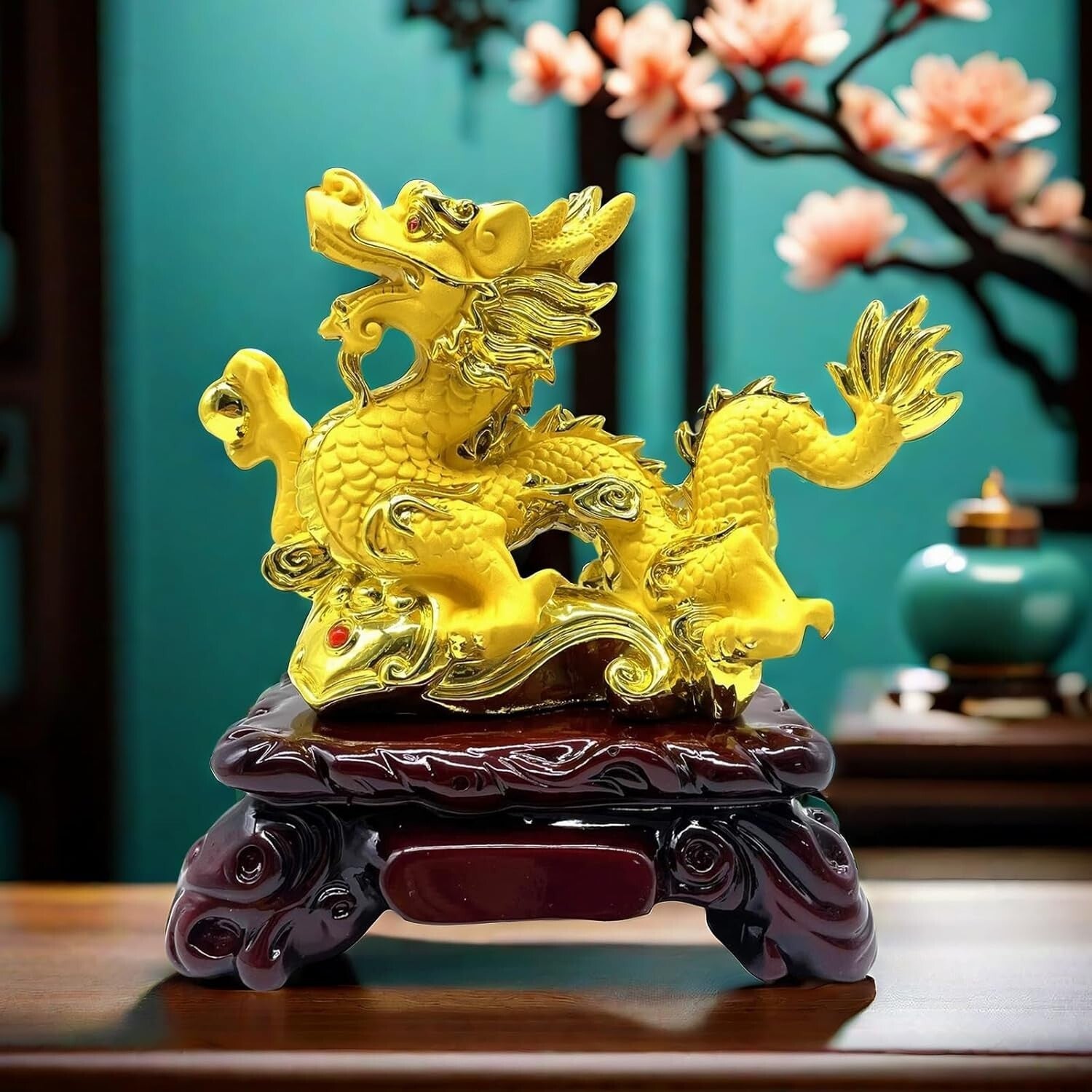 Gold Feng Shui Dragon Statue | 7.7 x 4 x 8 in | Good Luck Decor at Home & Office