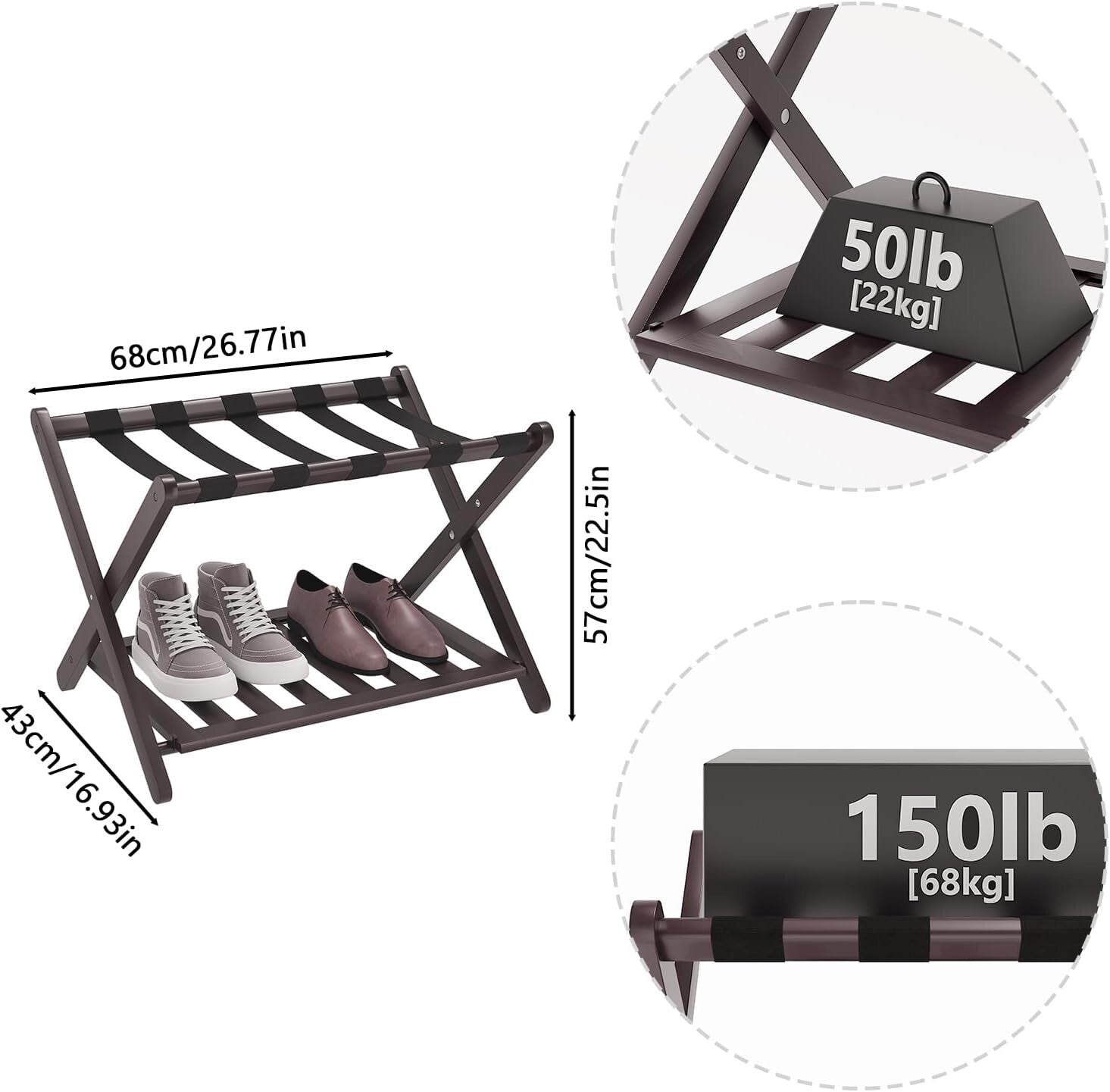 Fully Assembled Bamboo Luggage Rack with 5 Straps - Modern Guest Room Essentials