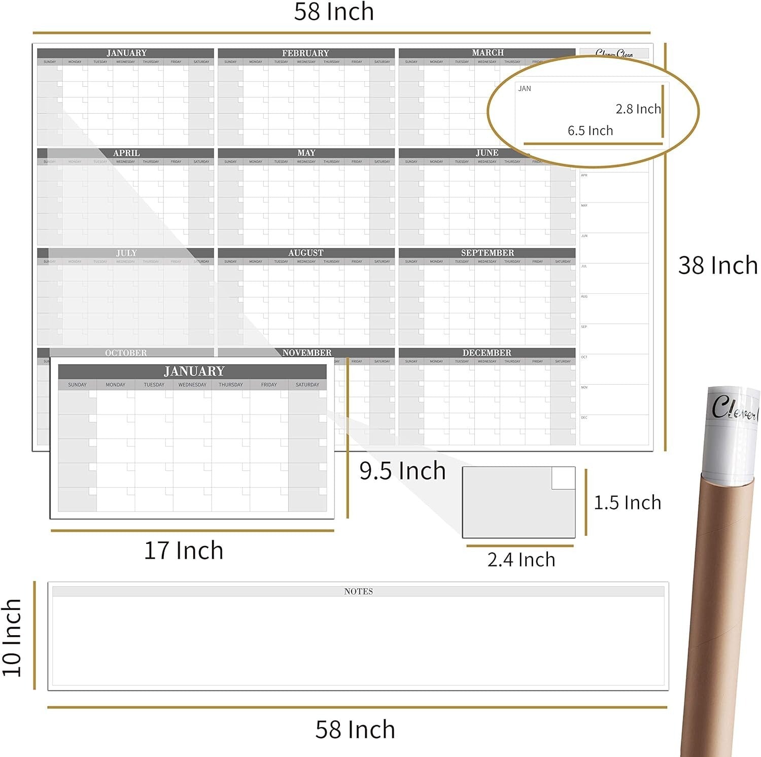 Jumbo 48"x58" Dry Erase Wall Calendar - Undated Yearly Planner with Markers