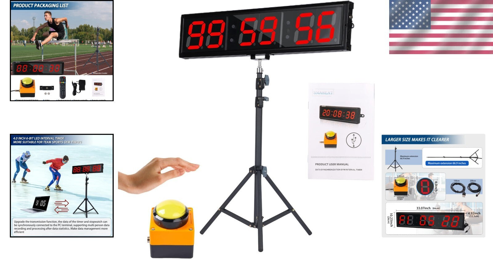 Large LED Gym Timer with Interval Programming & Adjustable Height - 11 lb Model