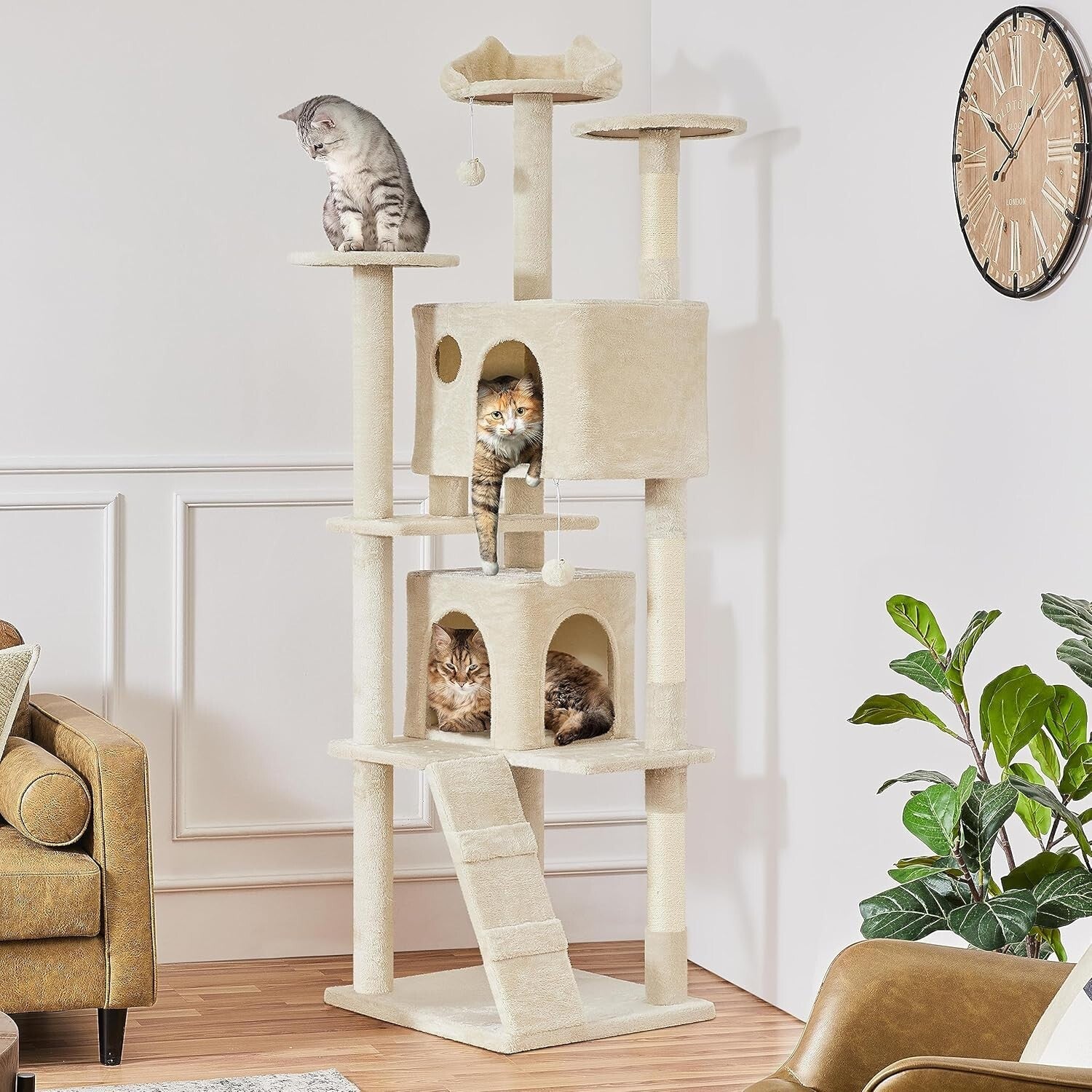 Spacious Cat Tree Tower with Cozy Condos & Platforms for All Cat Breeds - Beige