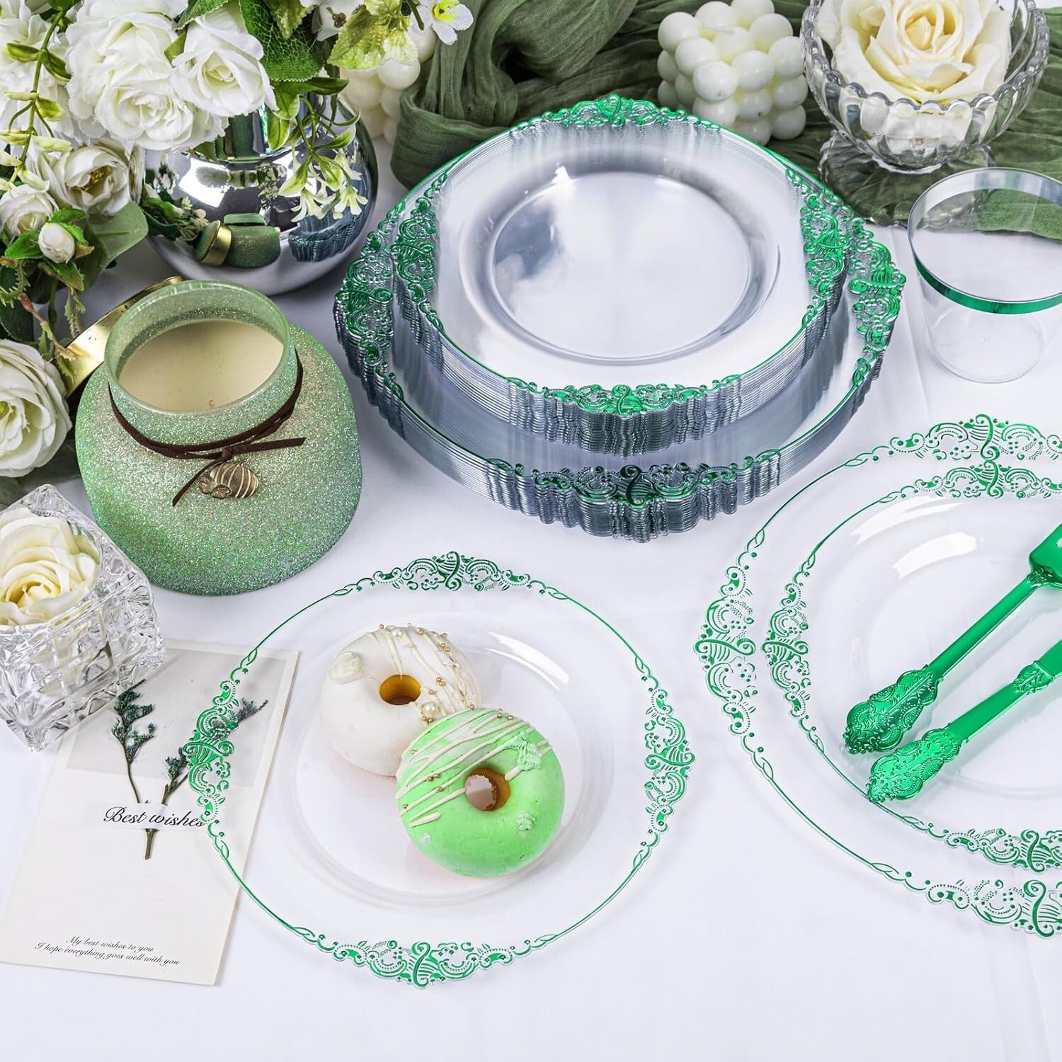 Elegant 175PCS Clear Plate Set with Green Rim - Perfect for St. Patrick's Day