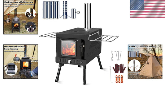 Portable Folding Wood Burning Camping Stove with Chimney - Perfect for Tents