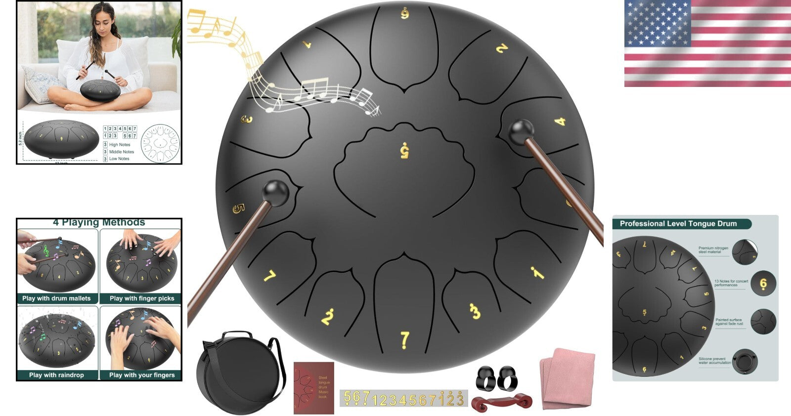 13 Note Steel Drum 12" - Musical Experience for All Ages with Mallets Included