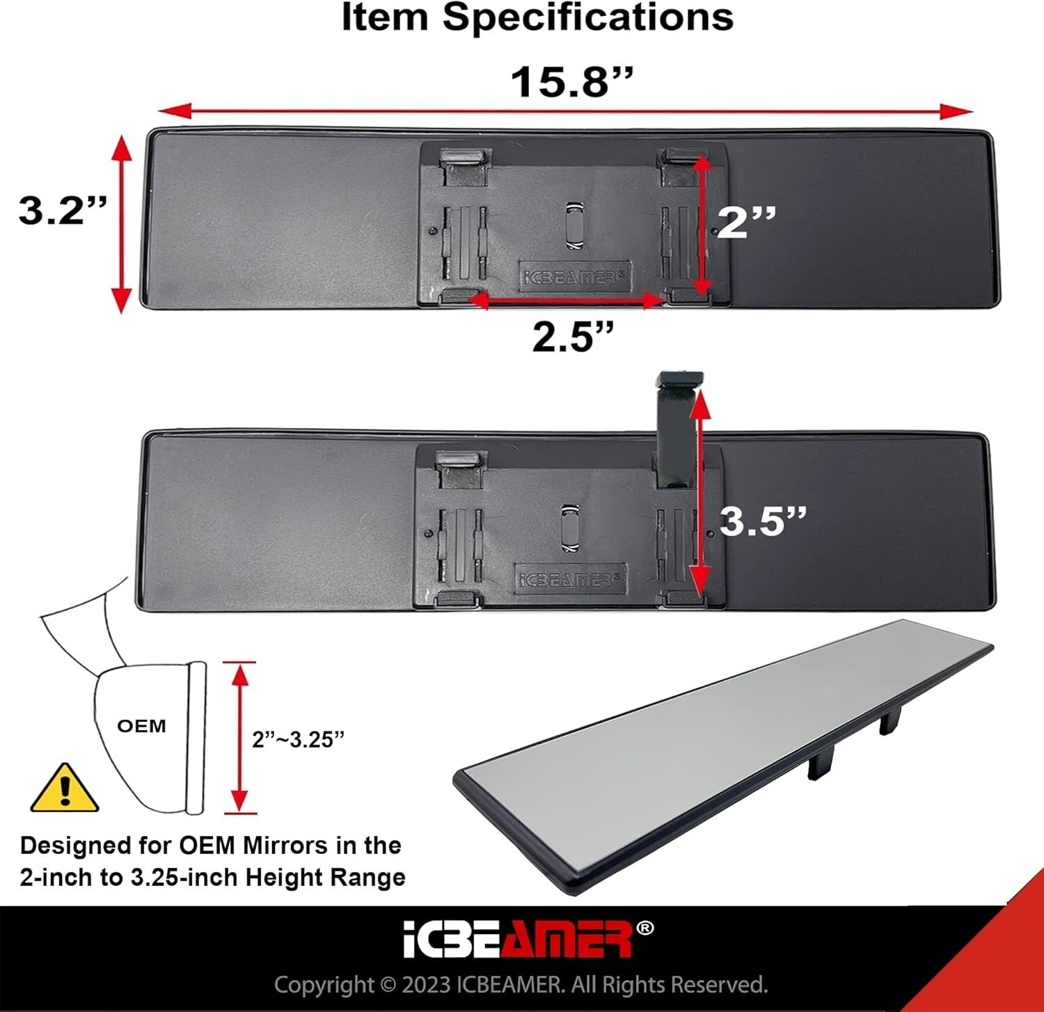 Durable 15.8" Clip-on Rearview Mirror for Cars and SUVs - Blind Spot Elimination