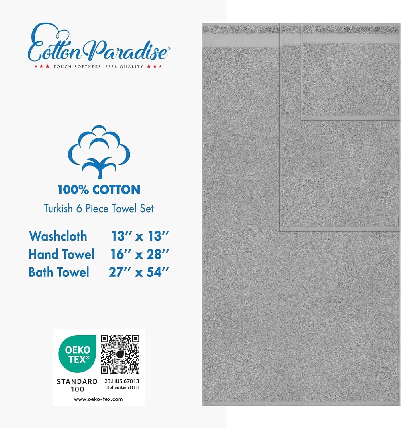 6-Piece Bath Towel Set: Premium 600 GSM Absorbent Cotton Towels in Light Grey