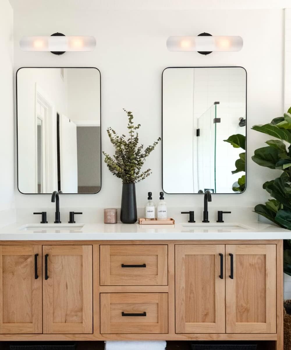Elegant Black Bathroom Wall Sconces with Frosted Glass - Modern Farmhouse Design