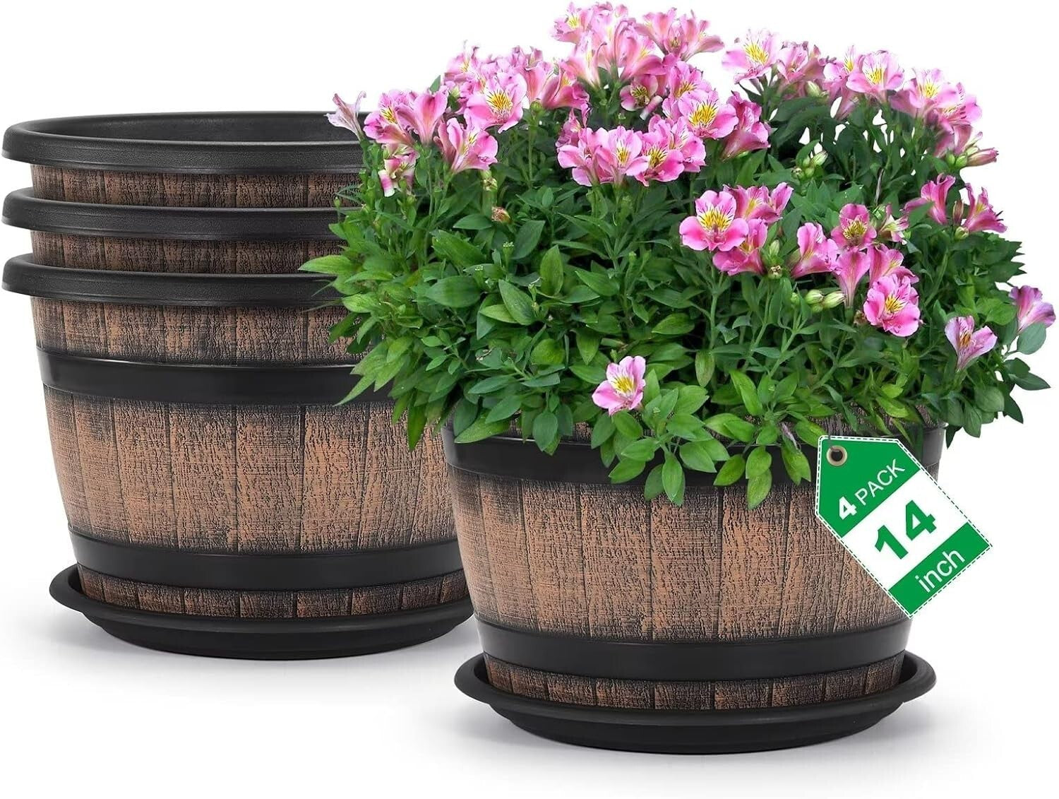 Elegant 14" Round Resin Flower Pots - 5-Gallon Whiskey Barrel Planter Design