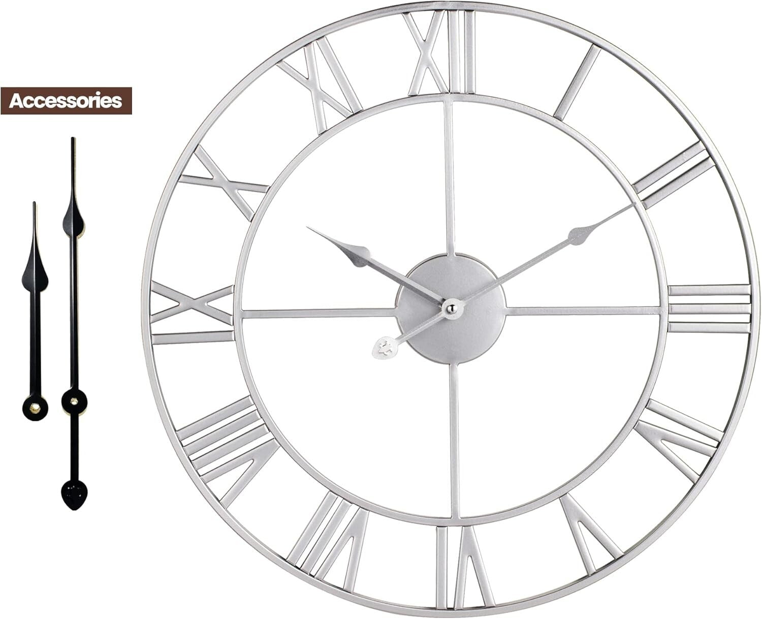 Elegant 18-Inch Retro Roman Numeral Wall Clock - Almost Silent Silver Decor