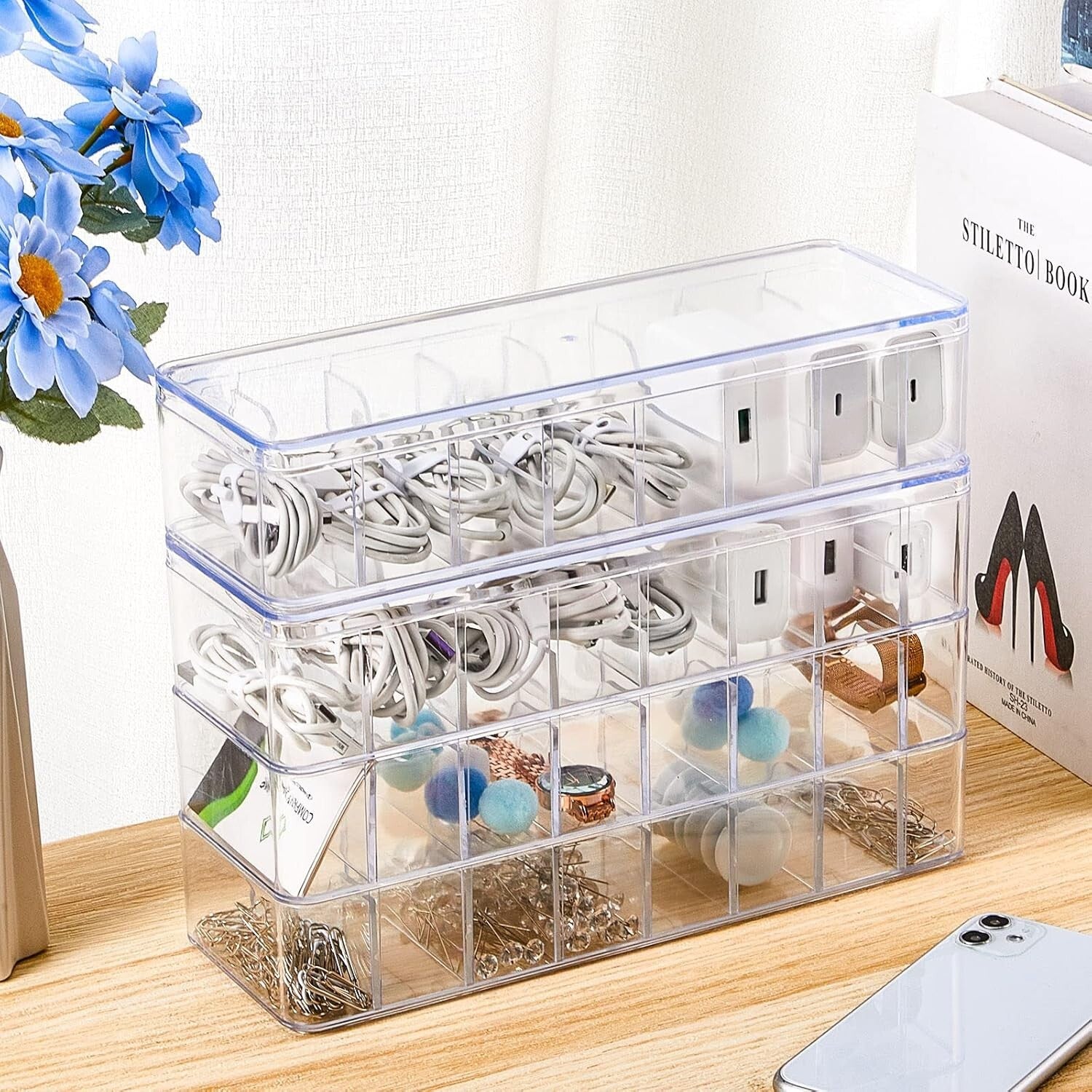 Versatile Clear Cord Storage Box with 80 Silicone Ties - Ideal for Home & Office