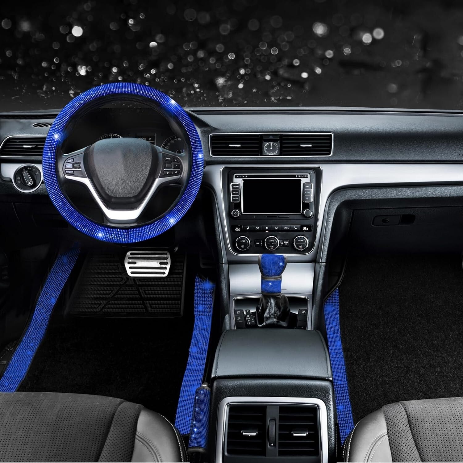 9-Piece Luxury Bling Car Accessory Set with Diamond Steering Wheel Cover