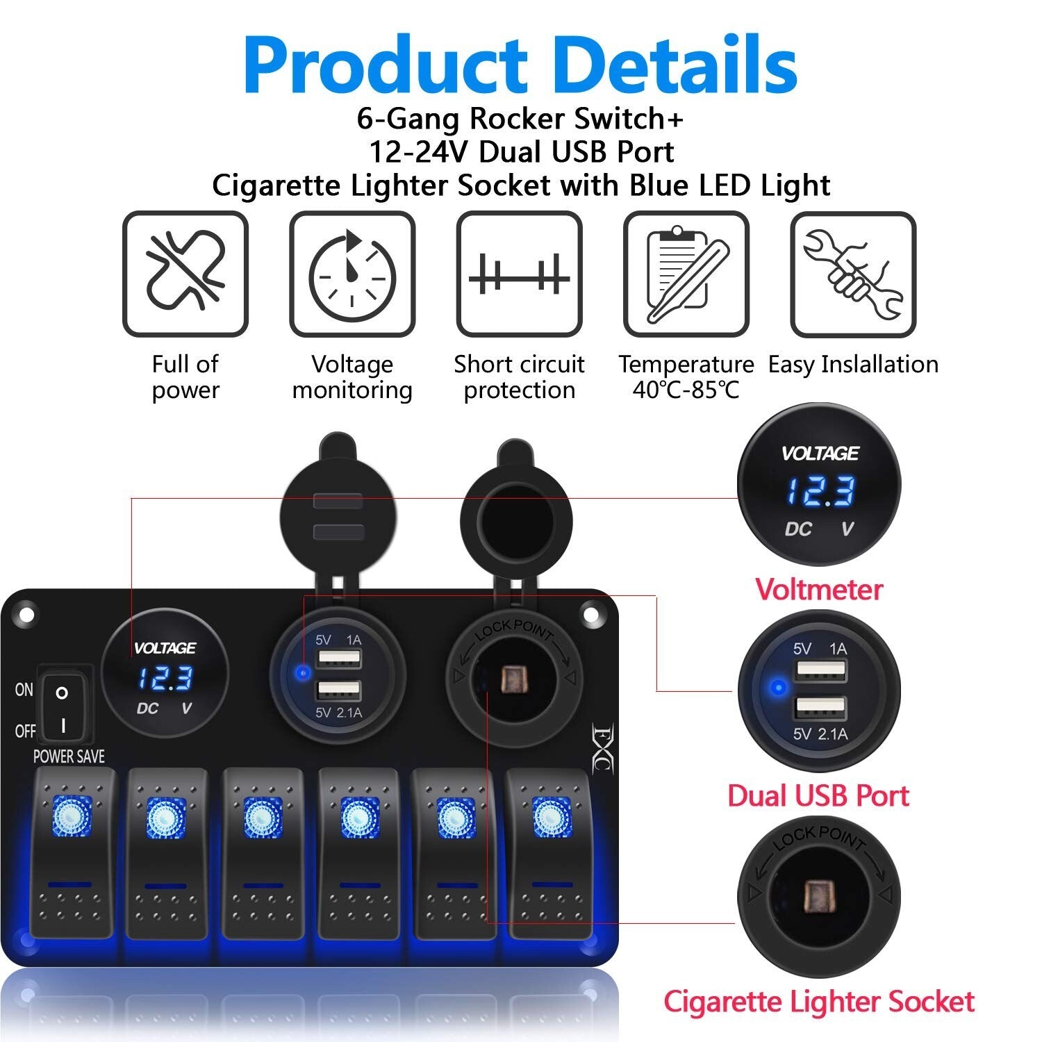 Versatile Marine Rocker Switch Panel - 6 Gang with USB, Voltmeter & Power Saving