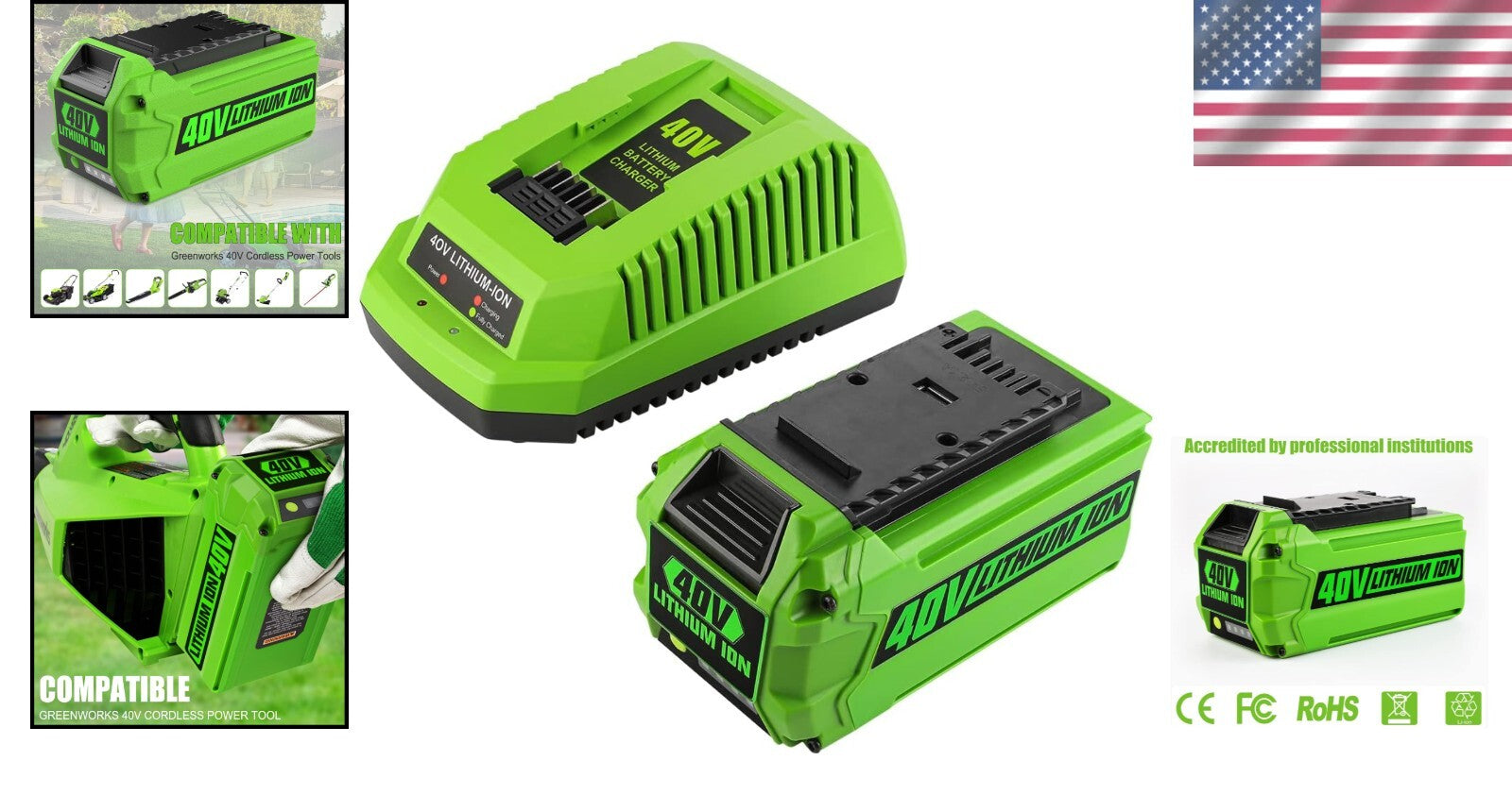 Lightweight Replacement 40V Greenworks Battery with 2A Fast Charger Included