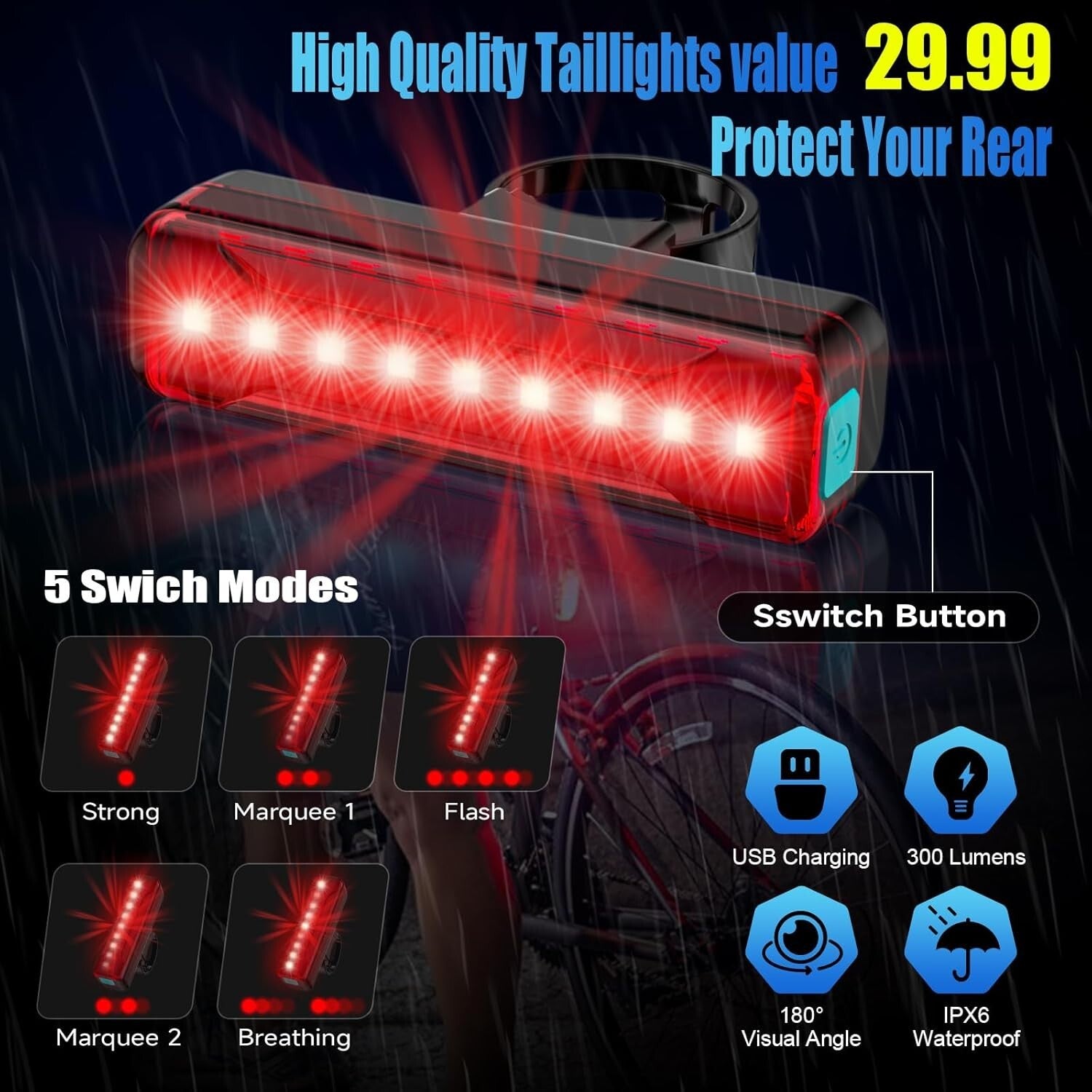 10-Mode LED Bike Headlight & Taillight Set - 48+ Hours Runtime & Safety Features