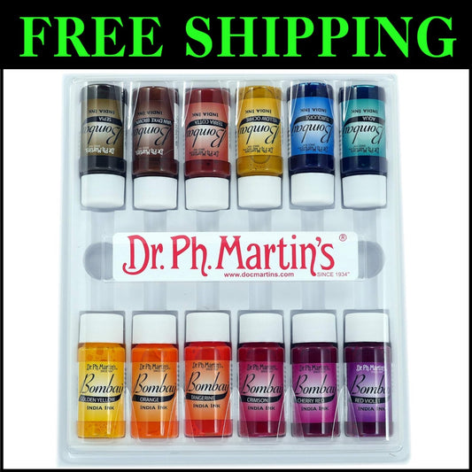 Waterproof Bombay India Ink Set, 12 Colors in 0.5 oz Bottles - Ideal for Artists