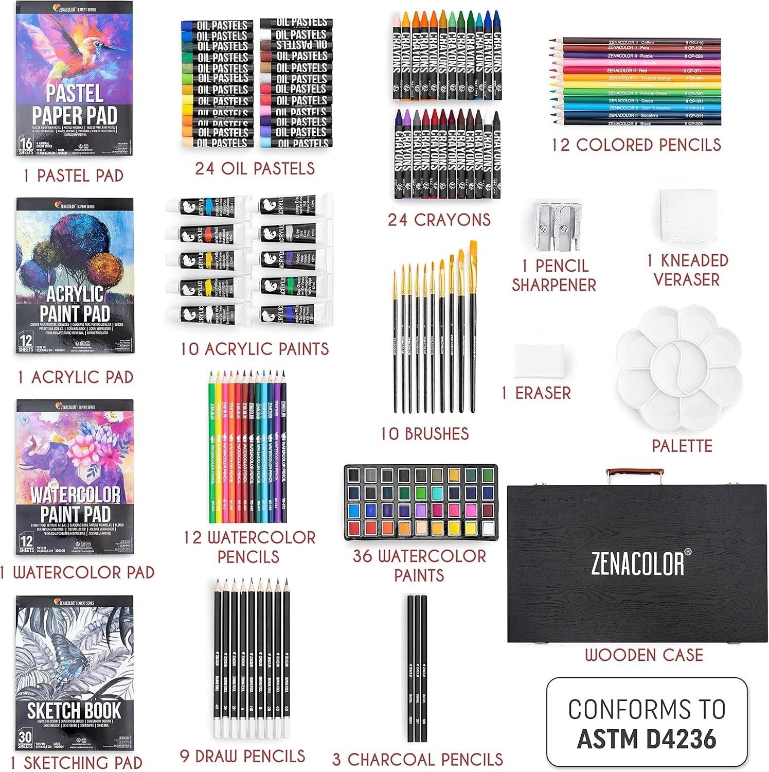 Portable 150-Piece Art Supplies Set with Professional Wooden Case for All Ages