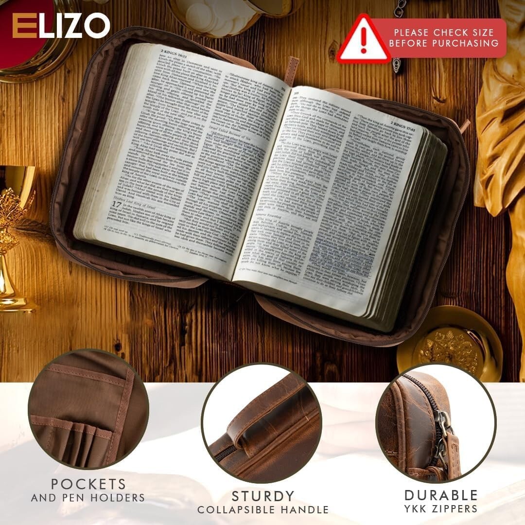 Durable Top Grain Leather Bible Carrying Case with Zipper - Perfect Gift Idea
